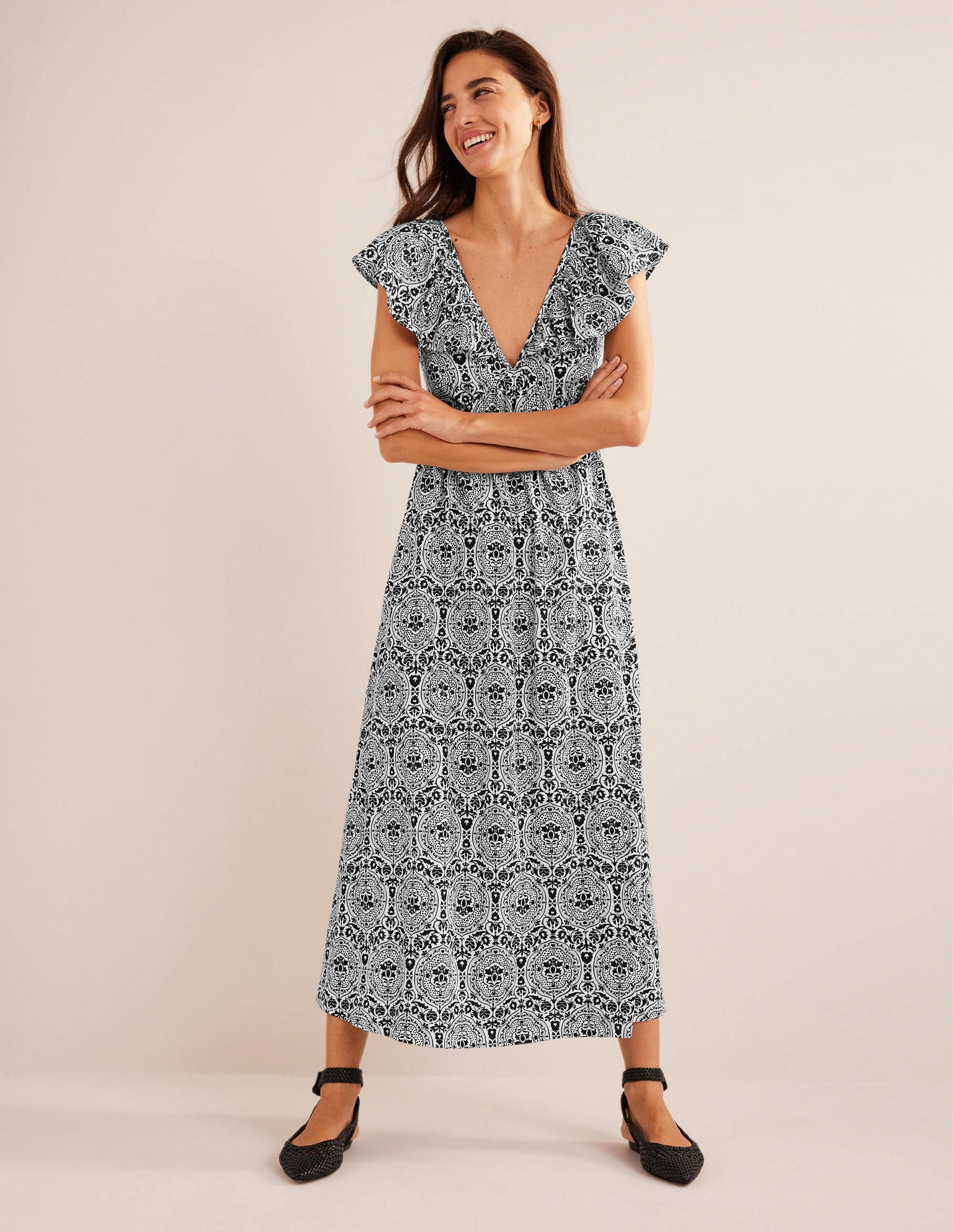 Tie Back Jersey Maxi Dress-Black, Exotic Tile-1