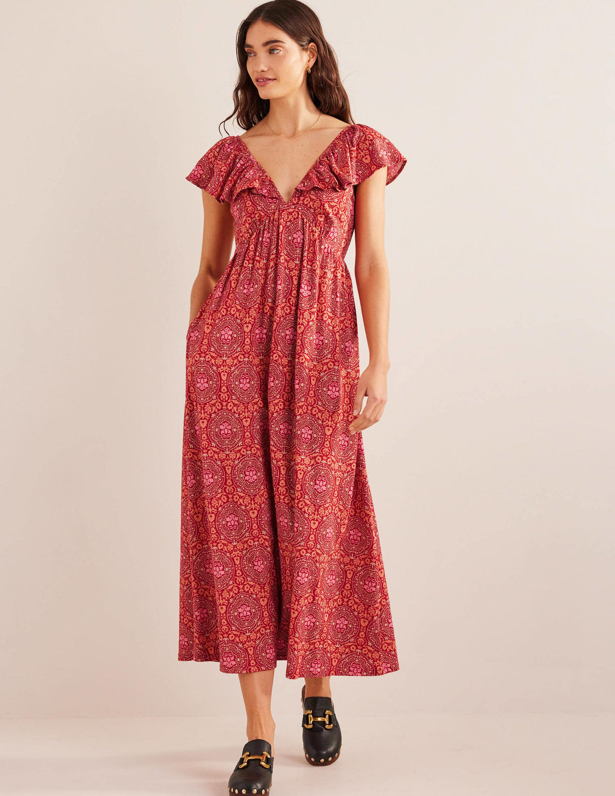 Tie Back Jersey Maxi Dress-Poinsettia, Exotic Tile - Image 1