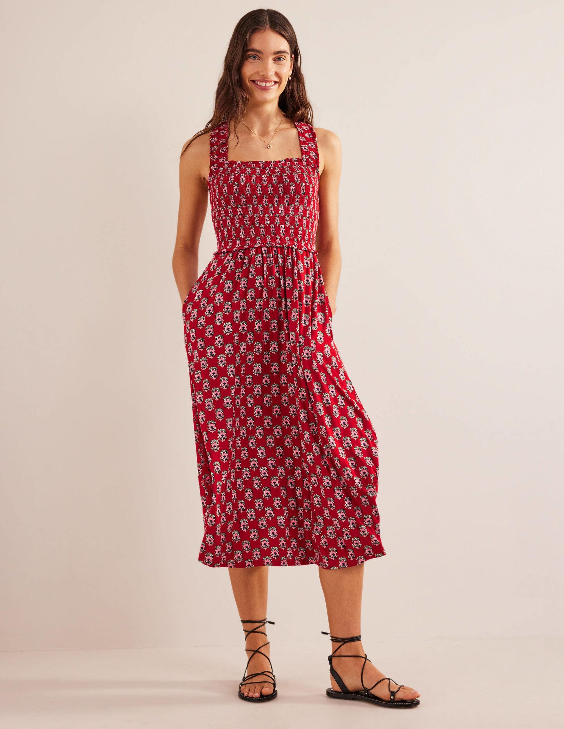 Cross Back Jersey Midi Dress-Poinsettia, Dainty Floret-1