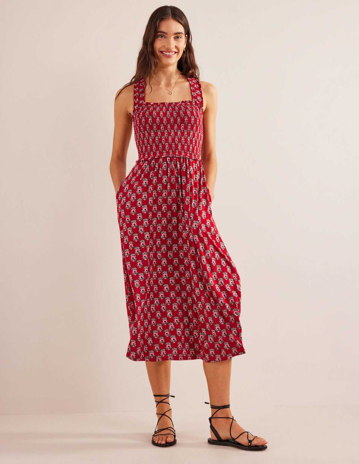 Cross Back Jersey Midi Dress-Poinsettia, Dainty Floret - Image 1