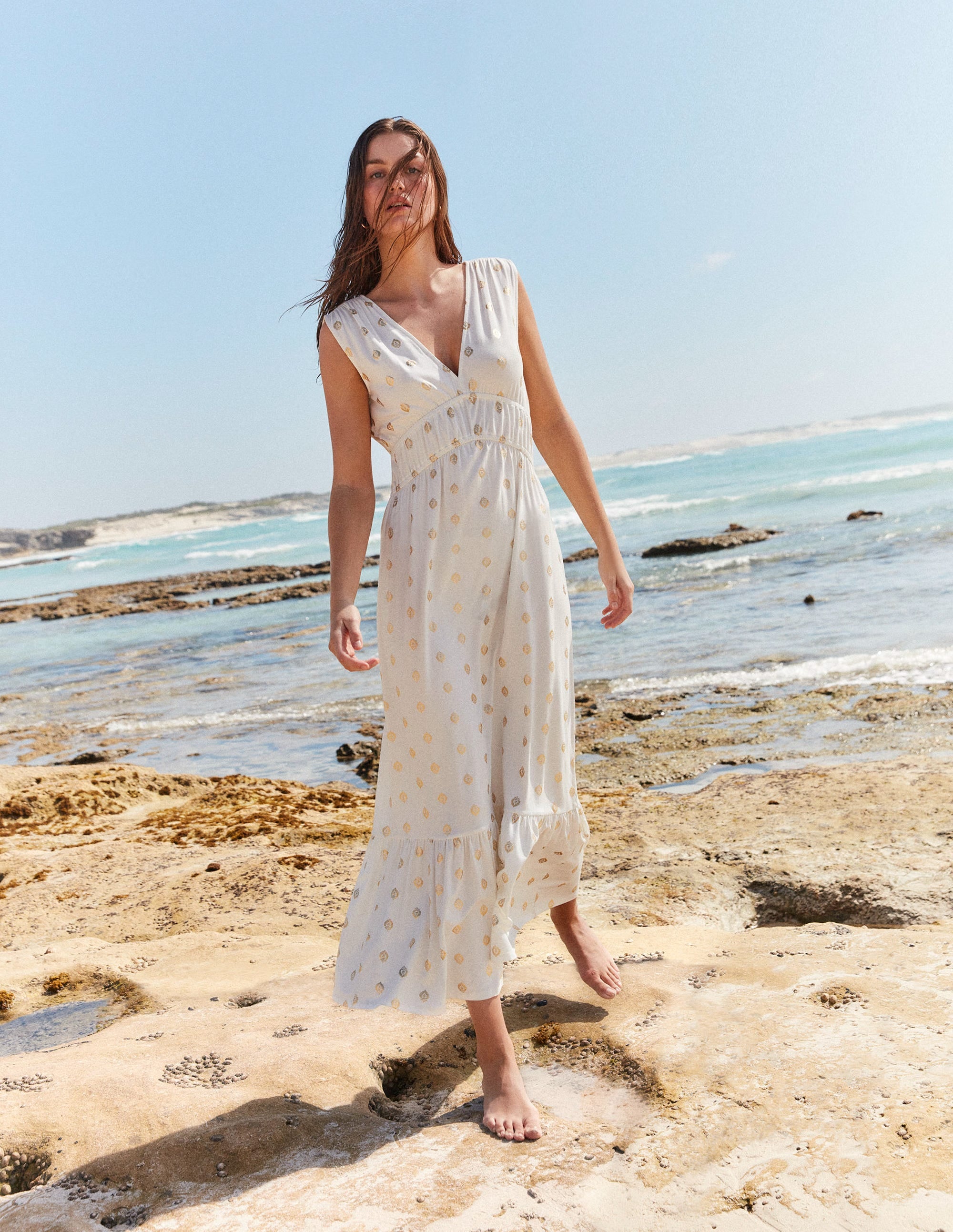 Smocked Jersey Maxi Dress-White, Tranquil Leaf - Image 5