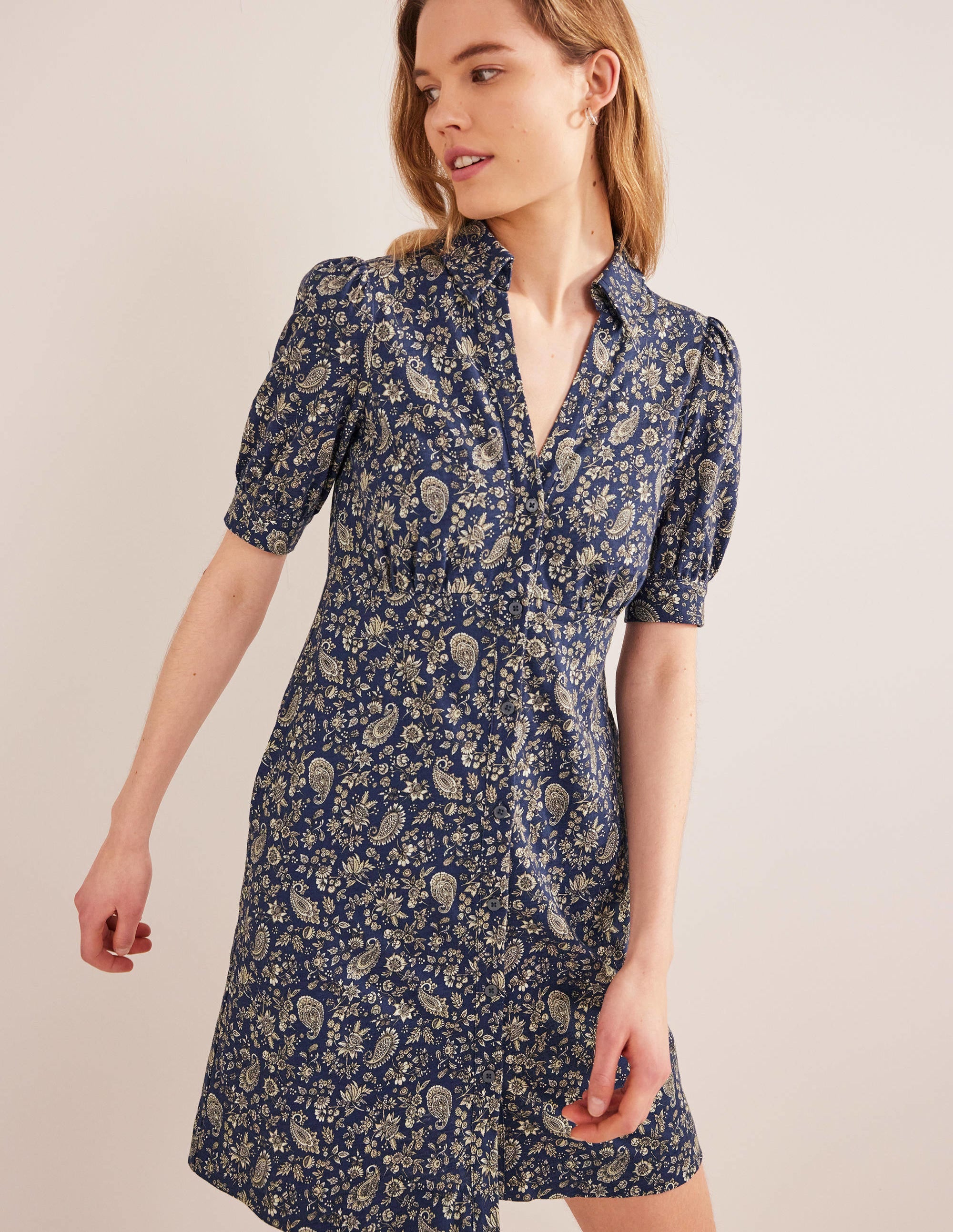 Button Jersey Mini Tea Dress-Navy, Dandelion Paisley - Image 1