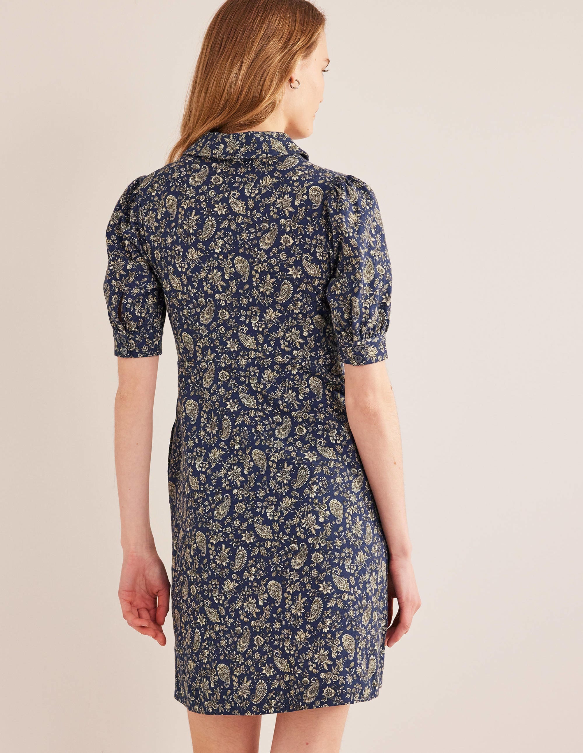 Button Jersey Mini Tea Dress-Navy, Dandelion Paisley - Image 3