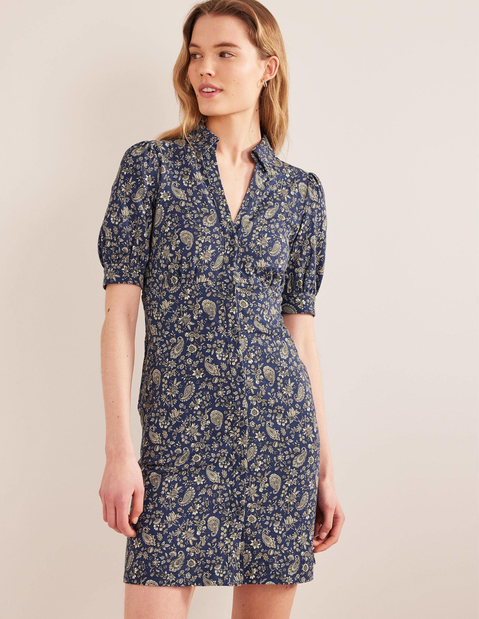 Button Jersey Mini Tea Dress-Navy, Dandelion Paisley-4