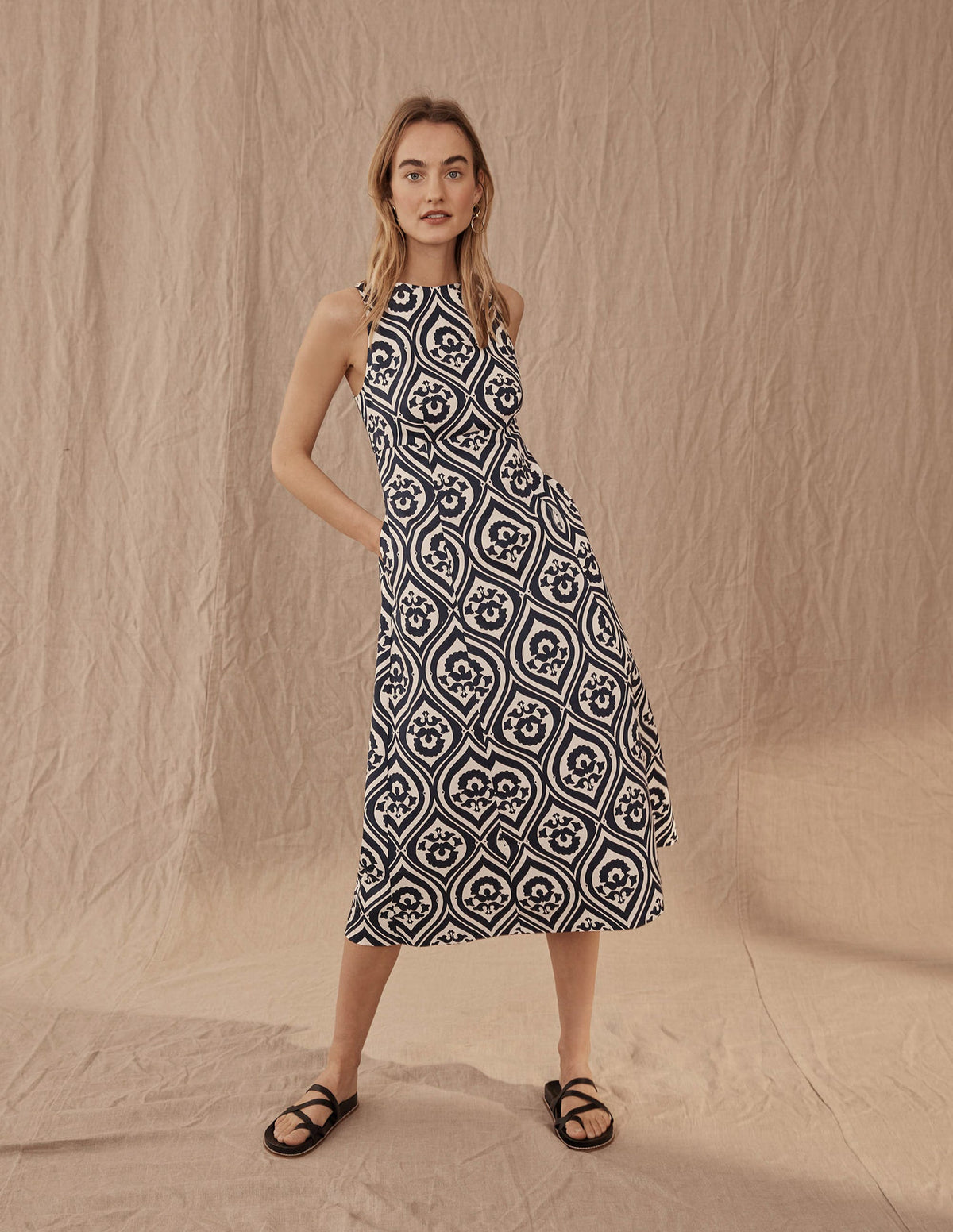 Slash Neck Midi Dress-Navy, Geo Cascade - Image 5