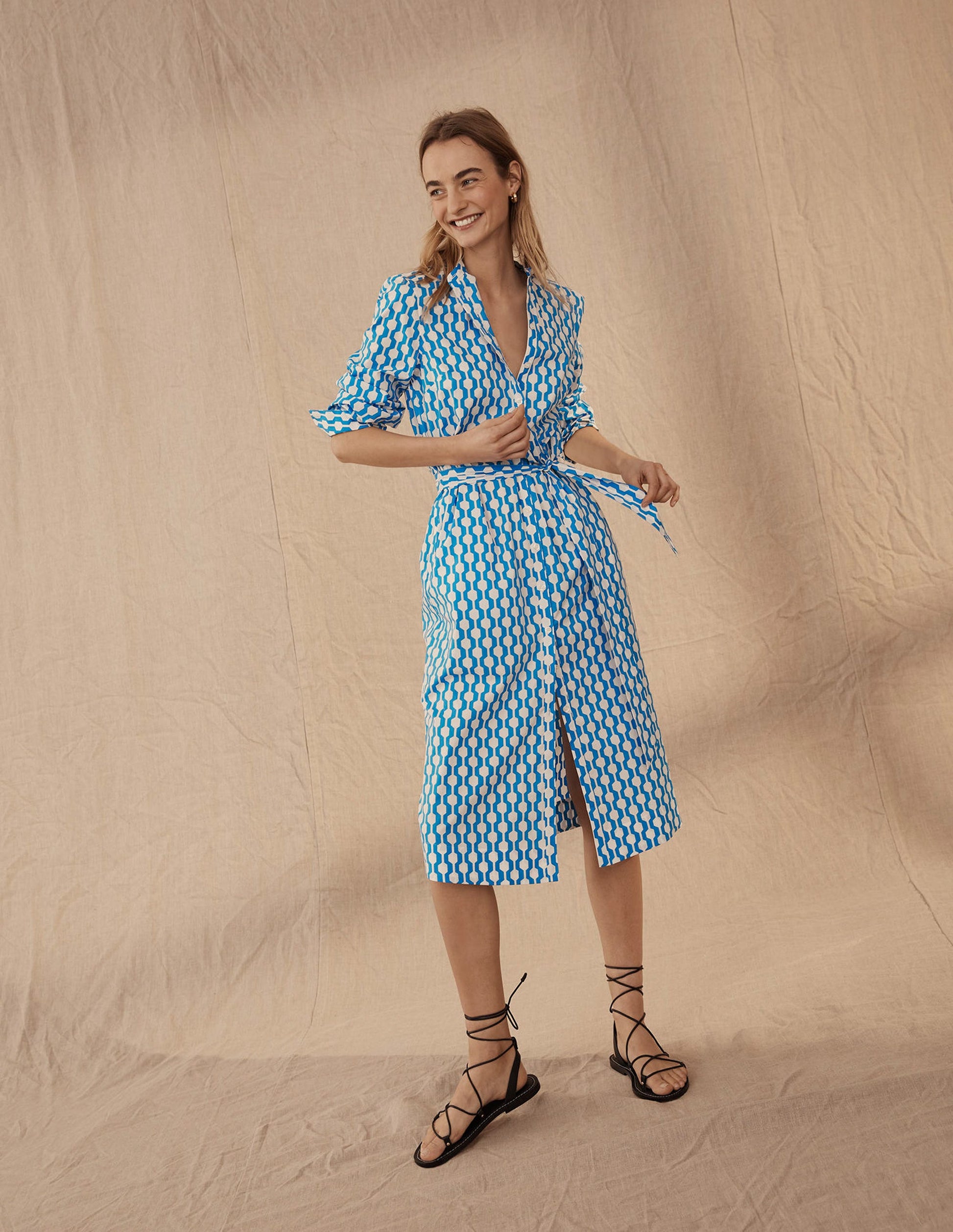 Collarless Midi Shirt Dress-Moroccan Blue, Geo Azure-3