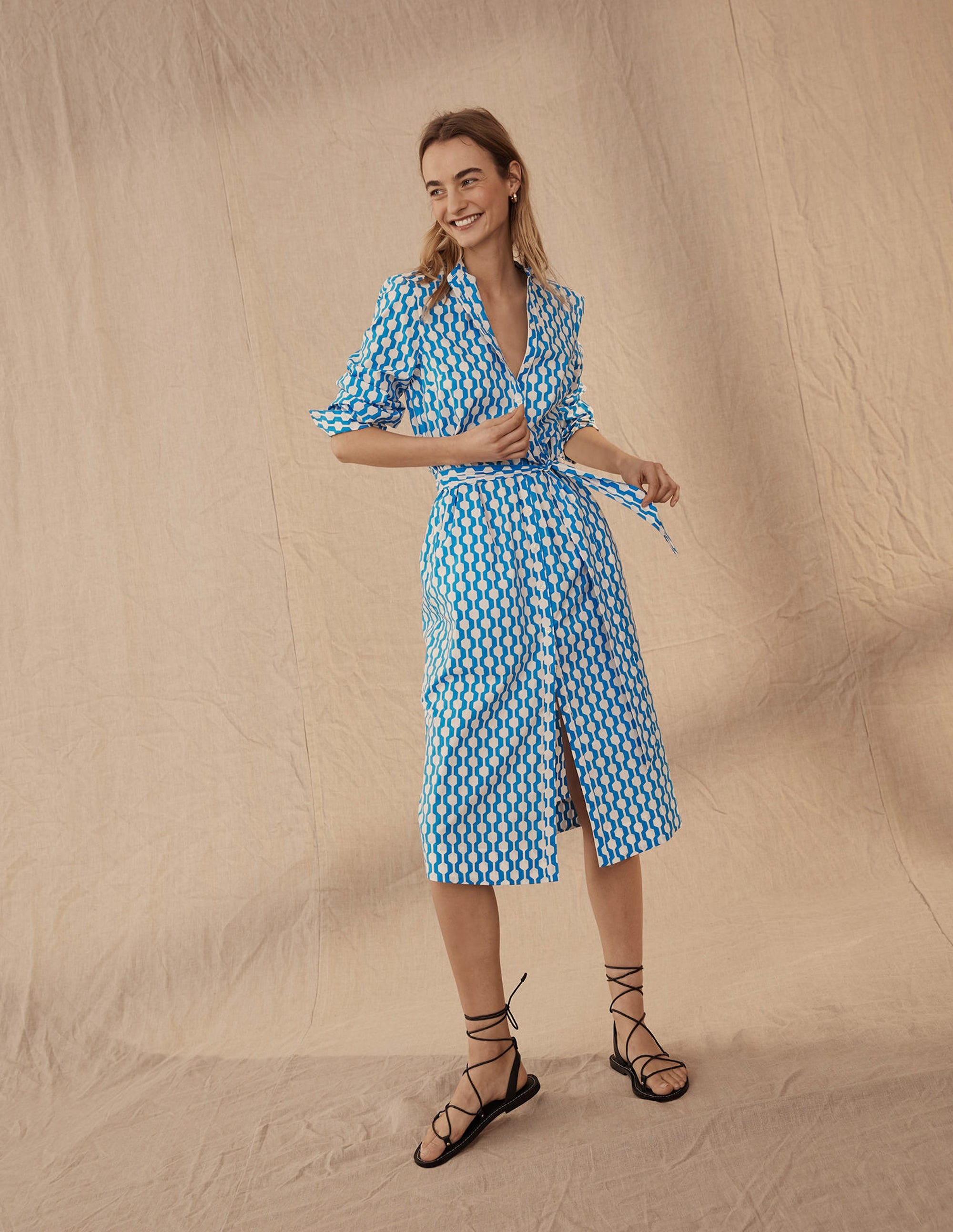 Collarless Midi Shirt Dress-Moroccan Blue, Geo Azure - Image 3