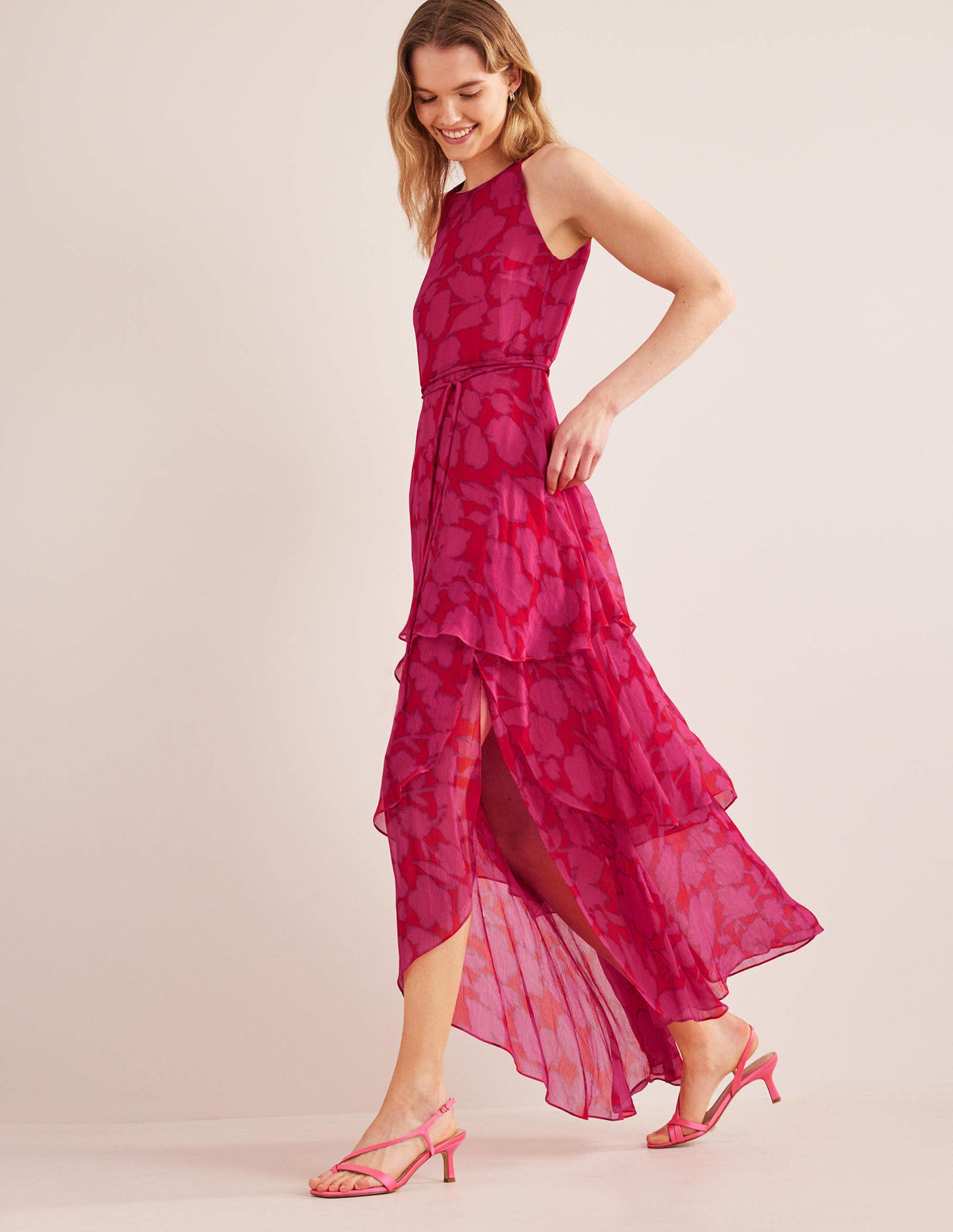 Sleeveless Tiered Maxi Dress-Shocking Pink, Windsor Bloom - Image 1
