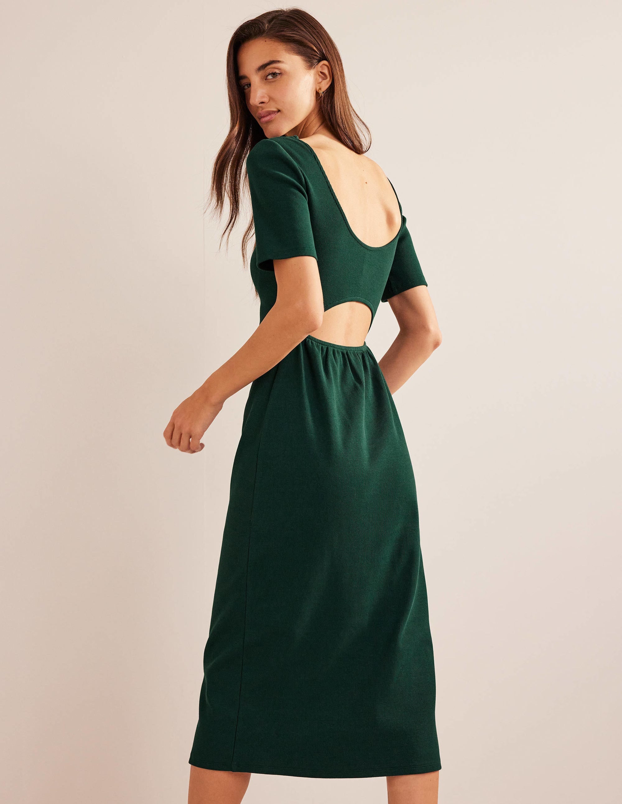 Cut Out Rib Jersey Midi Dress-Emerald Night - Image 3