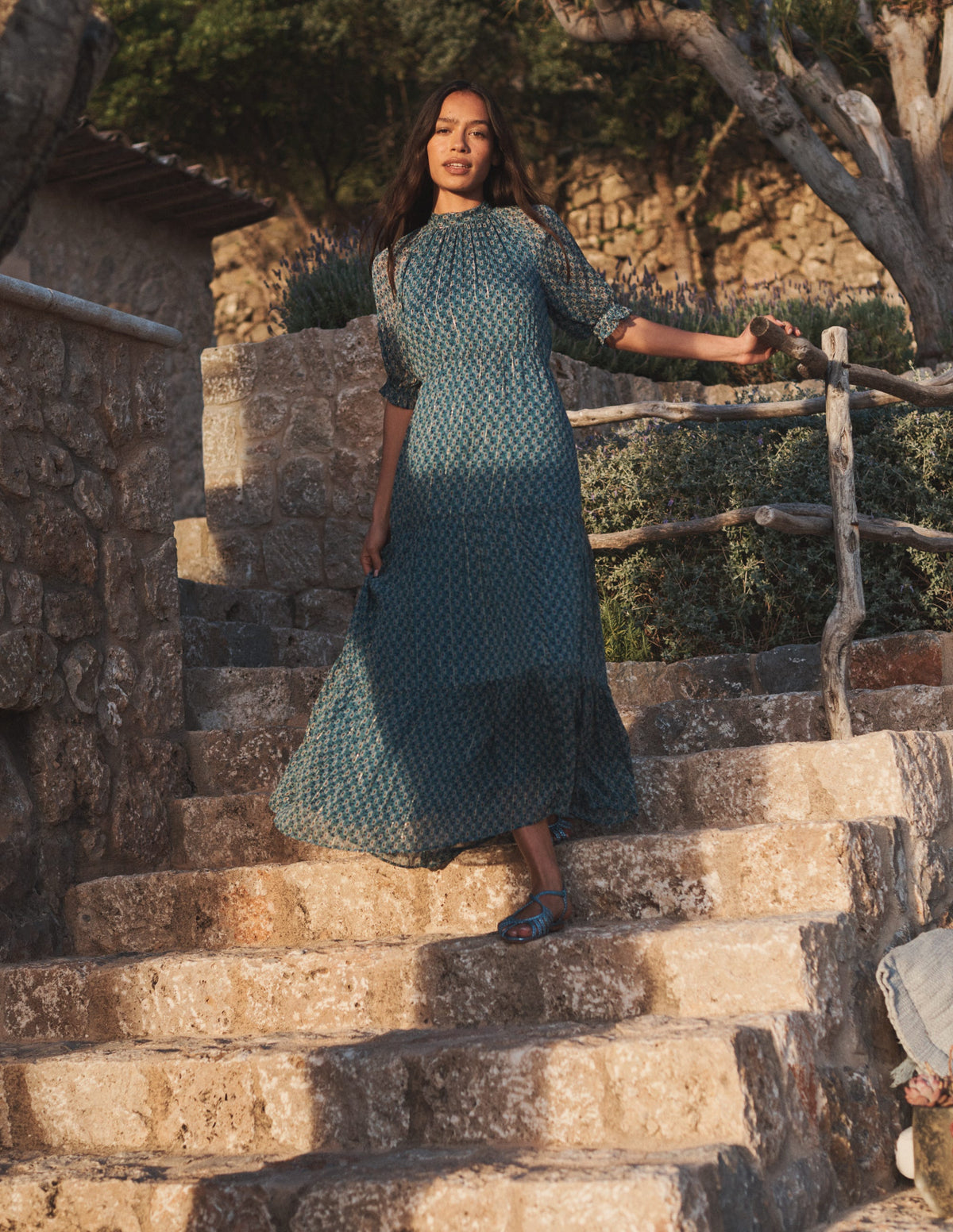 Tie-Neck Tiered Maxi Dress-Blue, Paisley Stem - Image 5