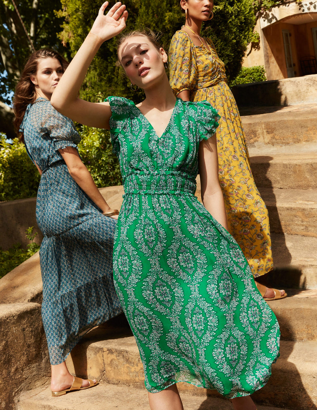 Gathered Waist Midi Dress-Rich Emerald, Botanic Wreath-7