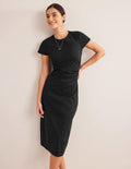 Side Ruched Jersey Midi Dress-Black