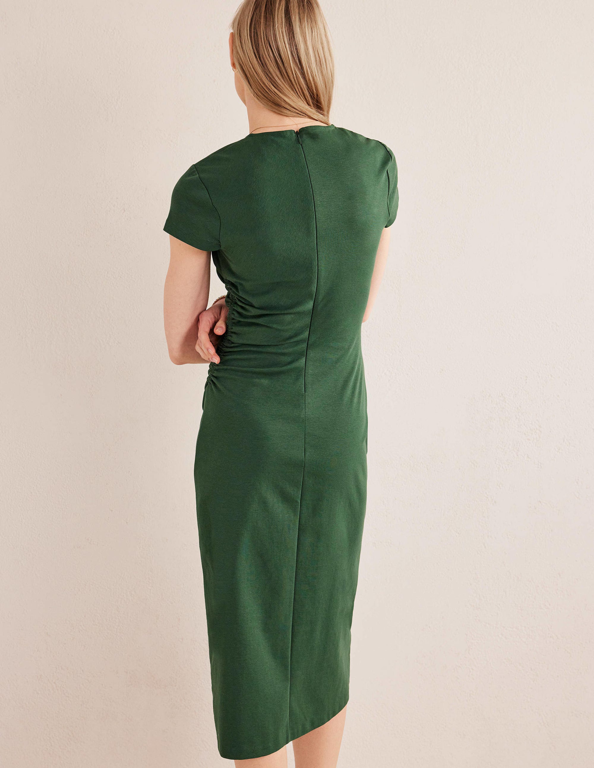 Side Ruched Jersey Midi Dress-Palm Leaf - Image 3