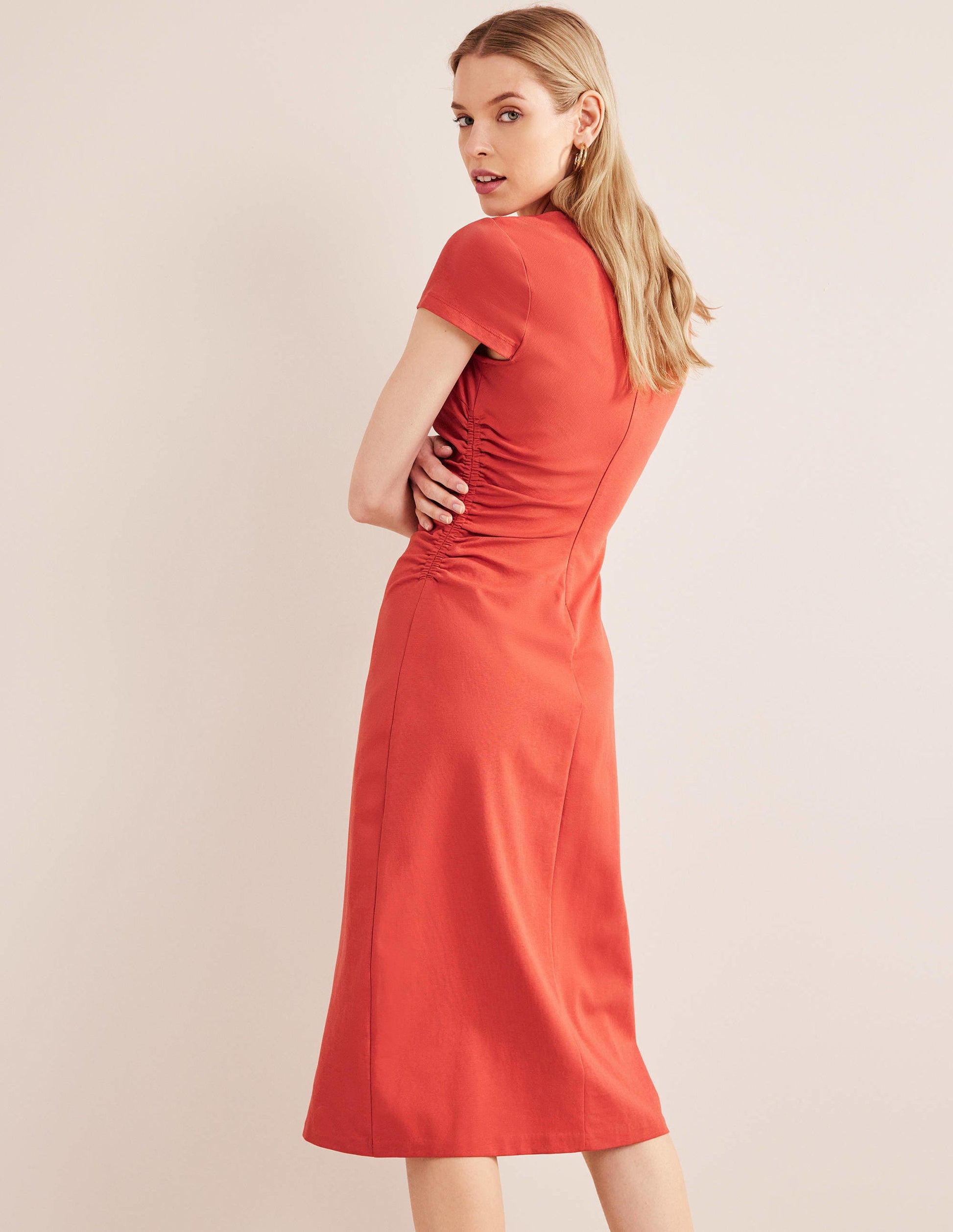 Side Ruched Jersey Midi Dress-Tomato-3