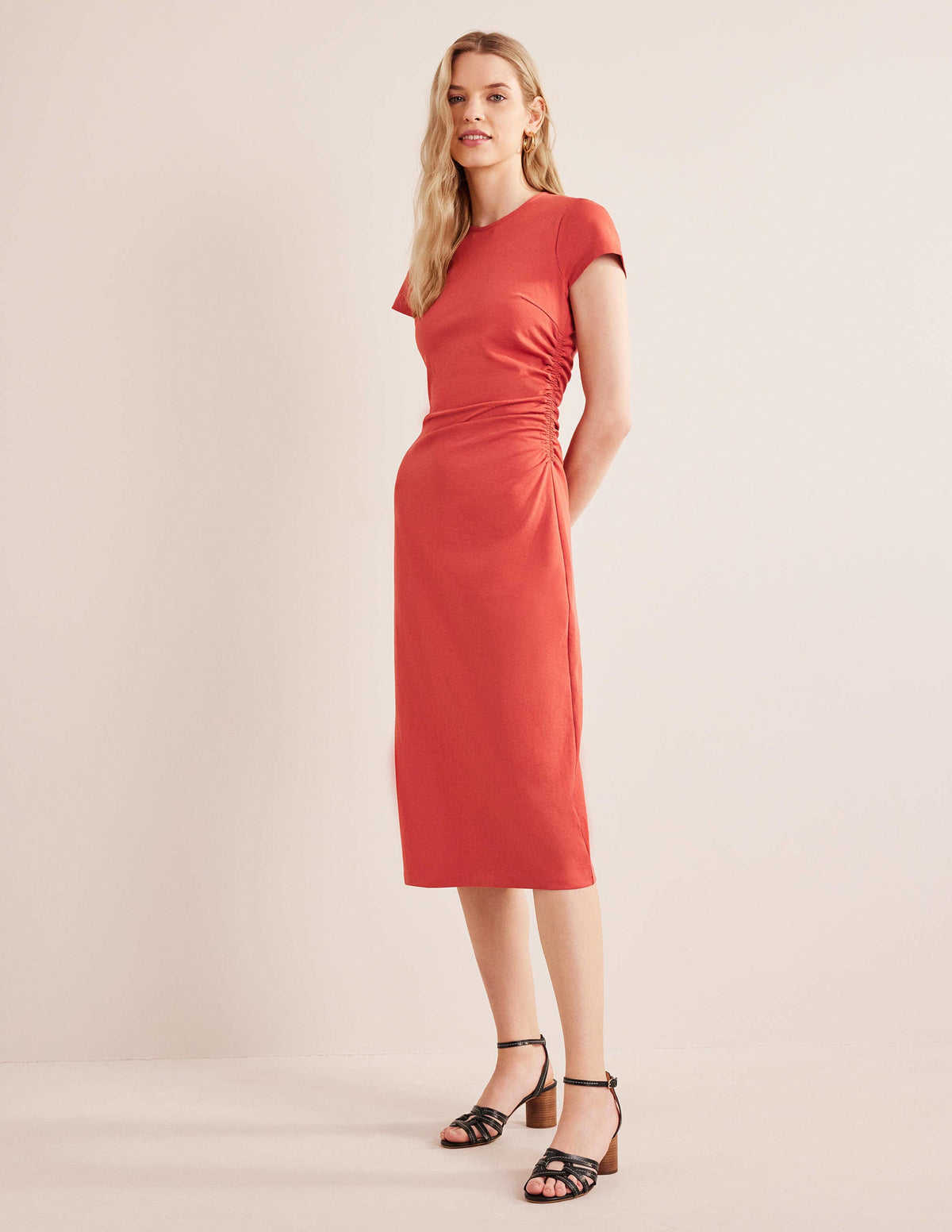 Side Ruched Jersey Midi Dress-Tomato-4