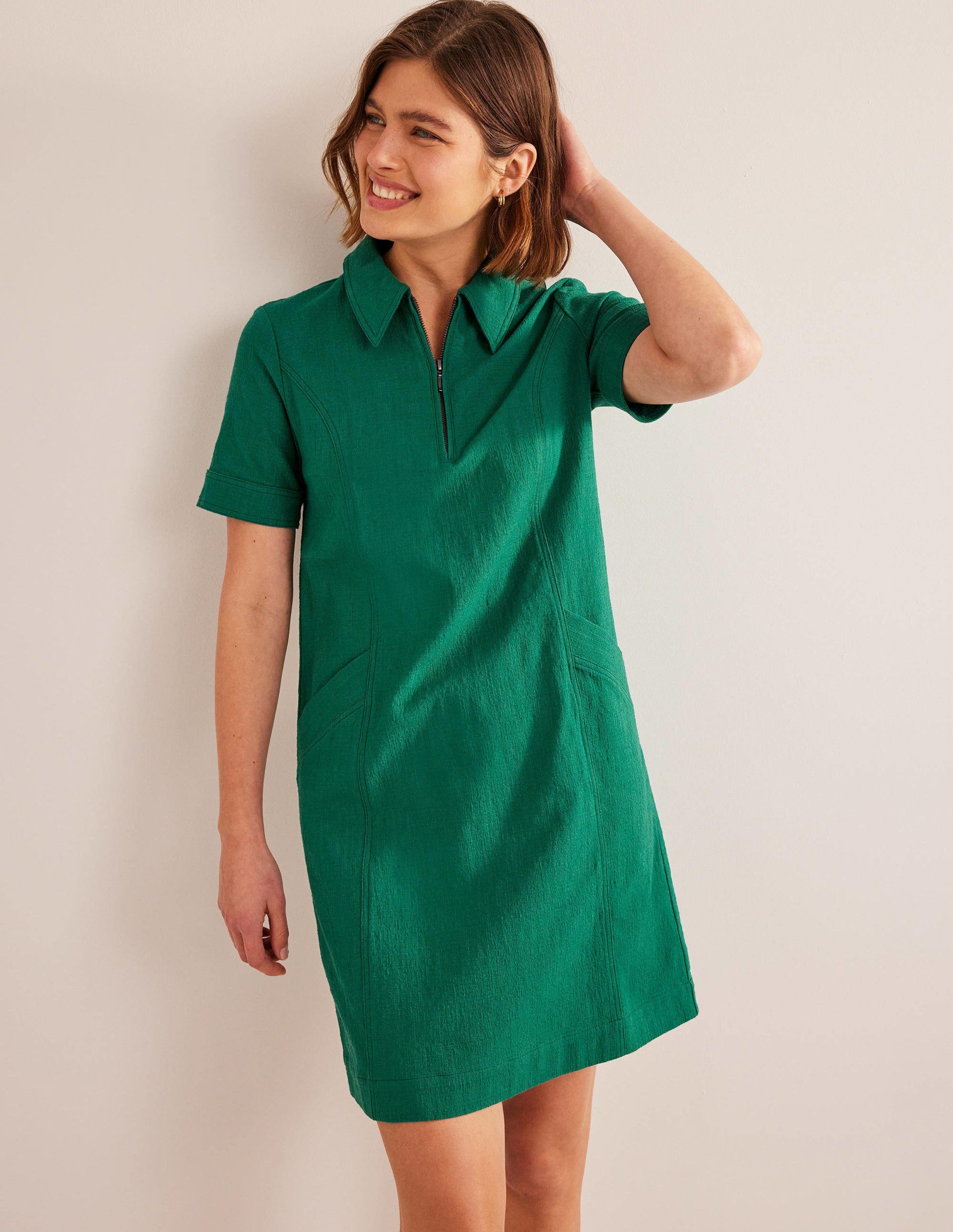 Zip Detail Mini Shift Dress-Bottle Green-1