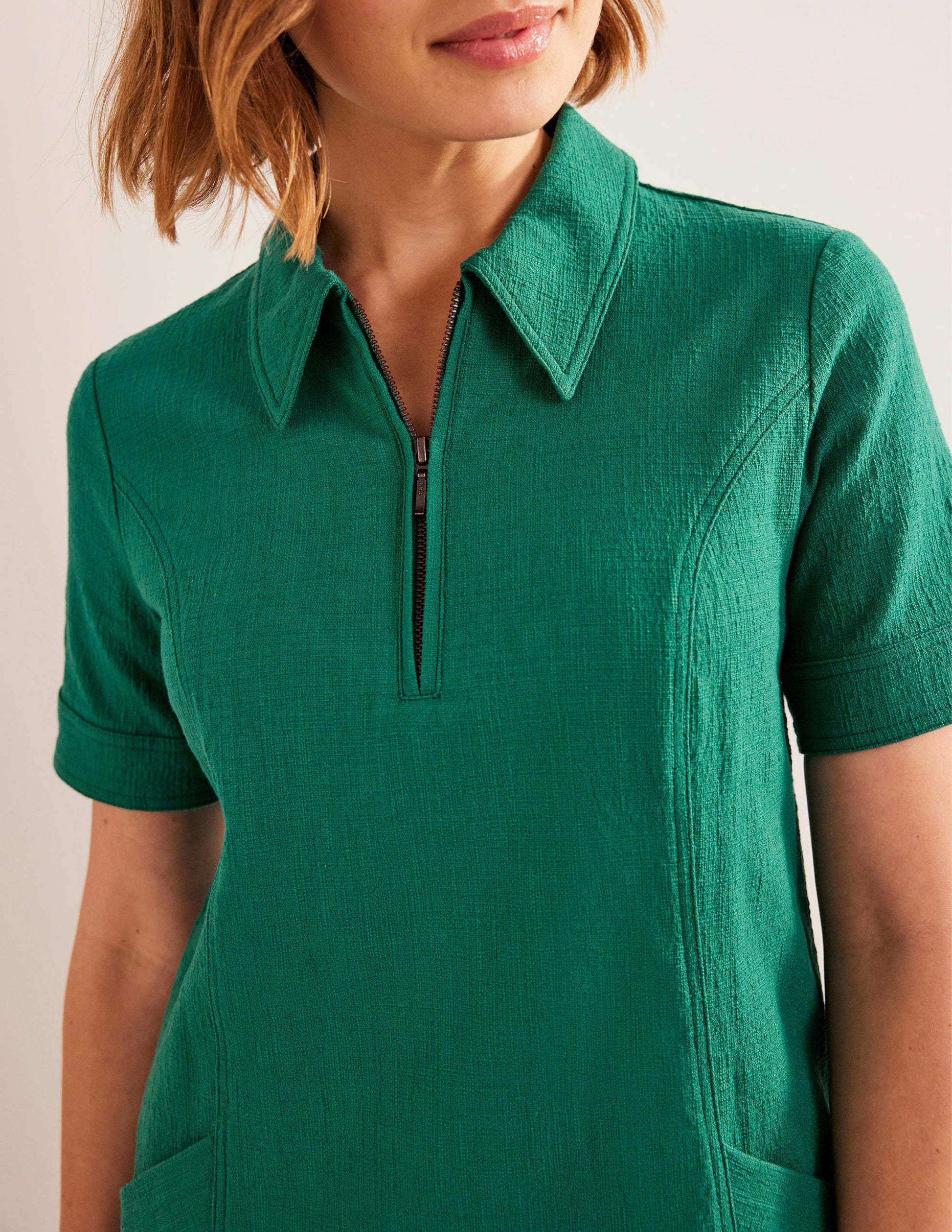 Zip Detail Mini Shift Dress-Bottle Green-2