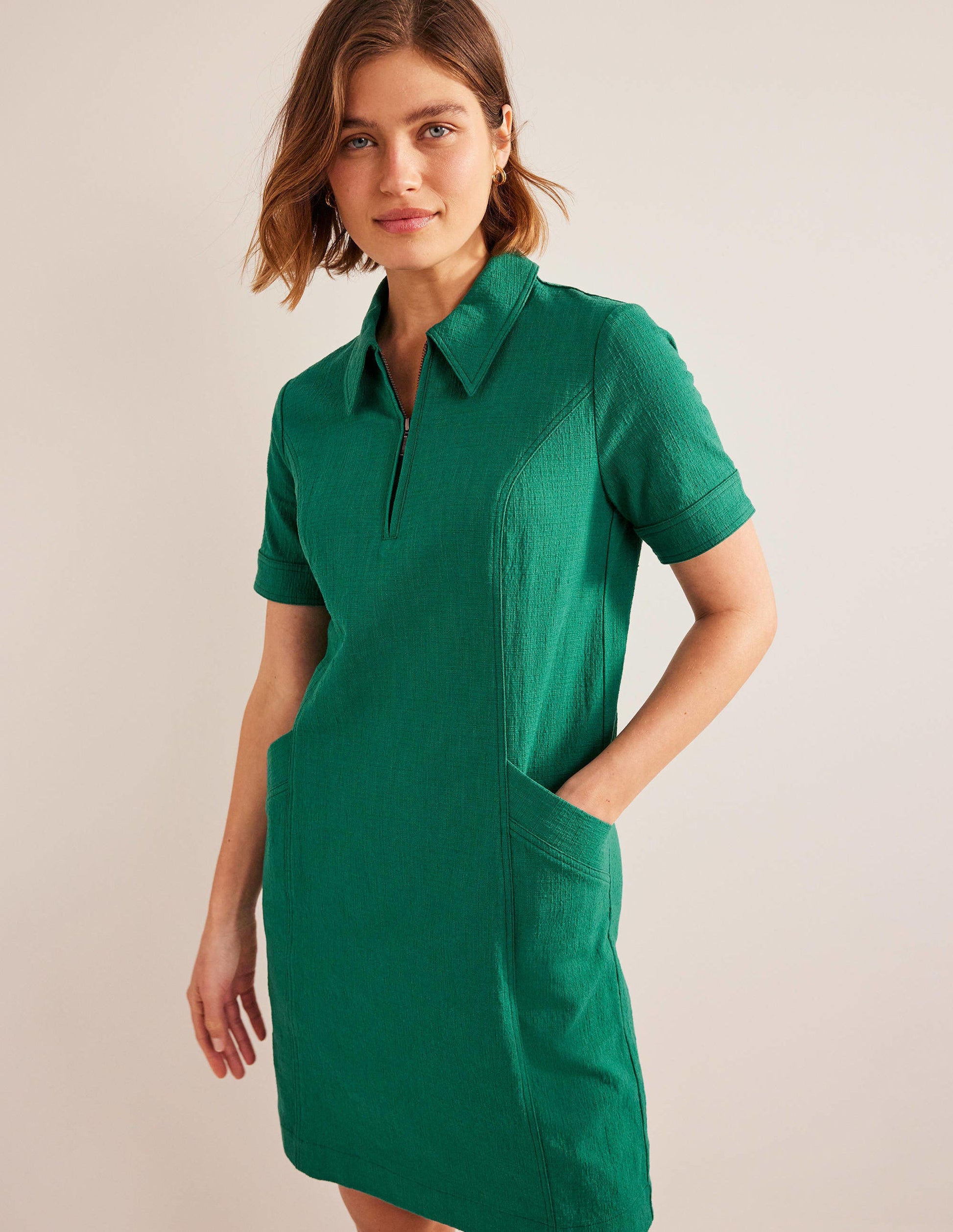 Zip Detail Mini Shift Dress-Bottle Green-4