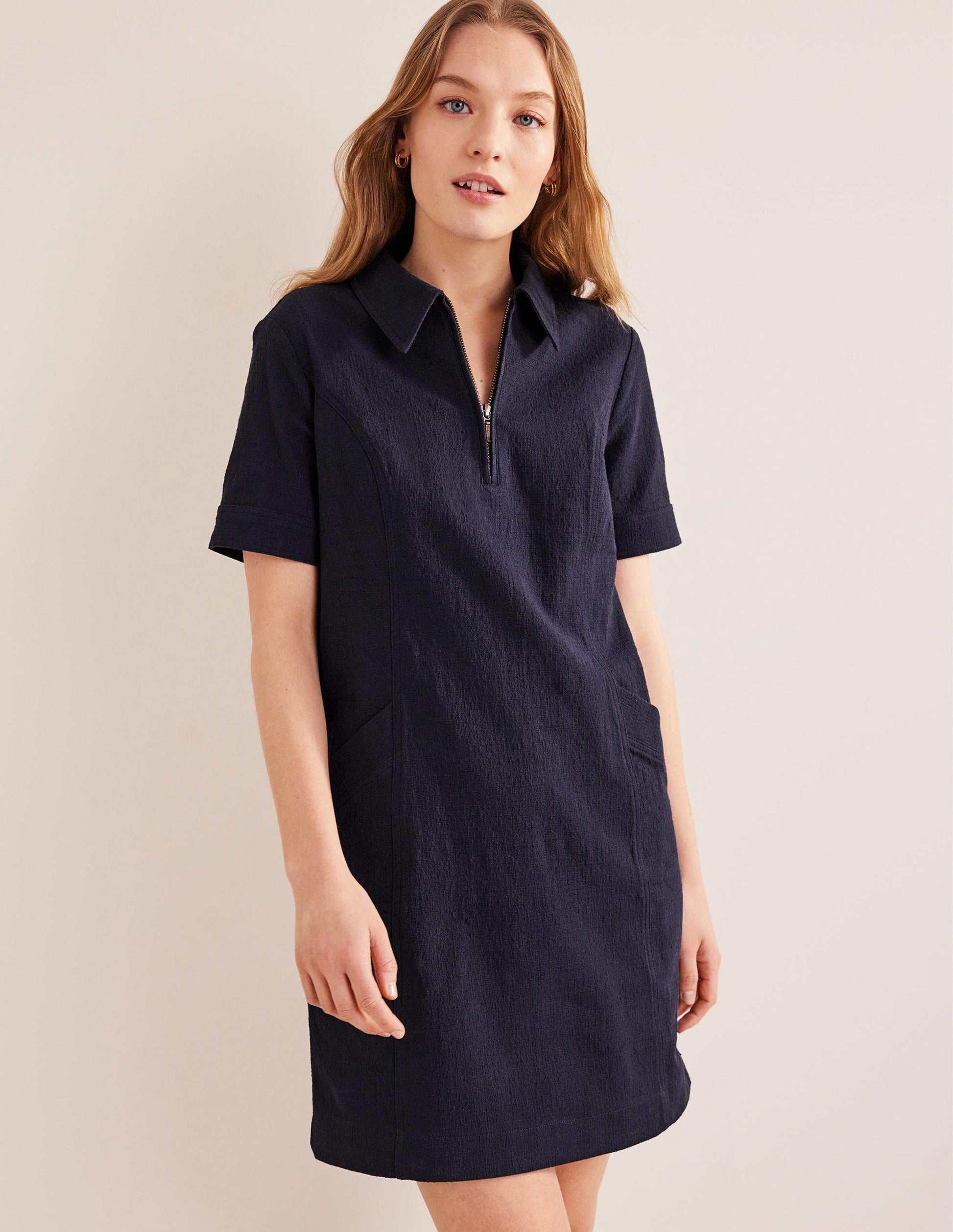 Zip Detail Mini Shift Dress-Navy-4