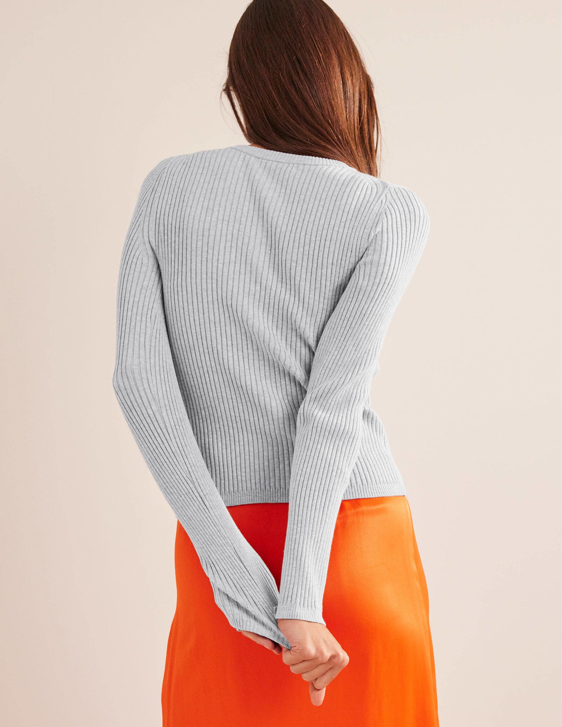 Ribbed Detail Cardigan-Pale Grey Melange-2