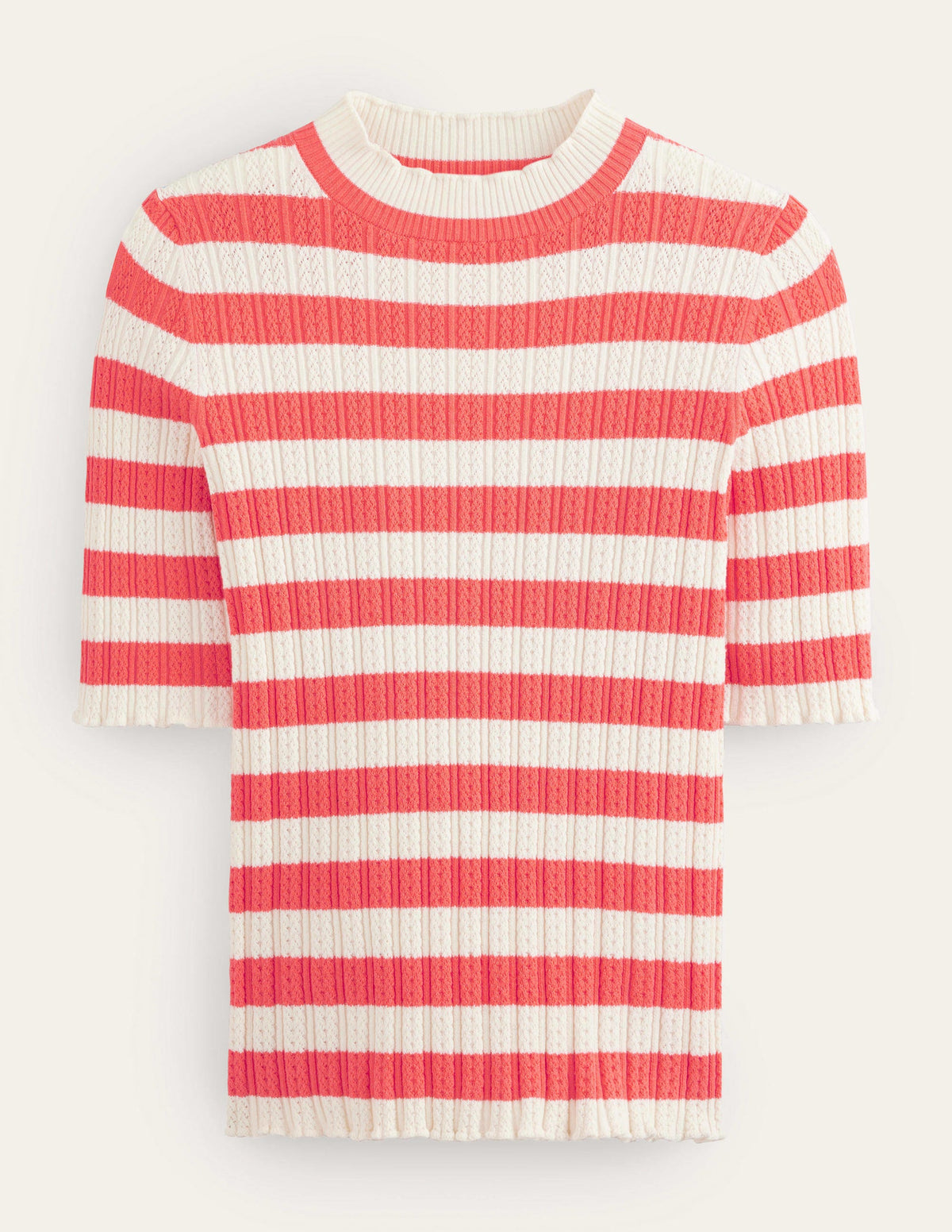 Ribbed Pointelle High Neck Top-Bright Watermelon Stripe-5