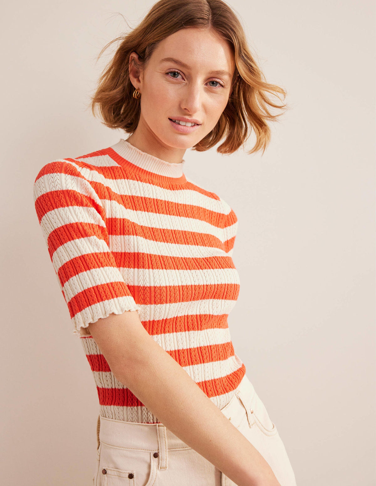 Ribbed Pointelle High Neck Top-Bright Watermelon Stripe - Image 1