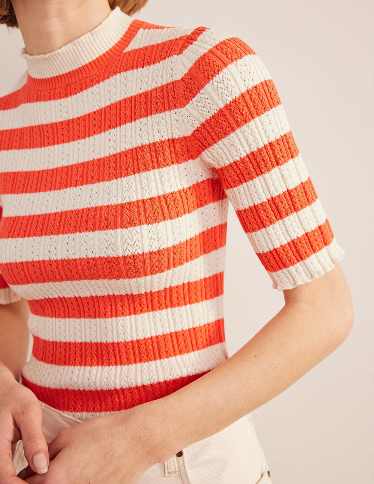 Ribbed Pointelle High Neck Top-Bright Watermelon Stripe - Image 2