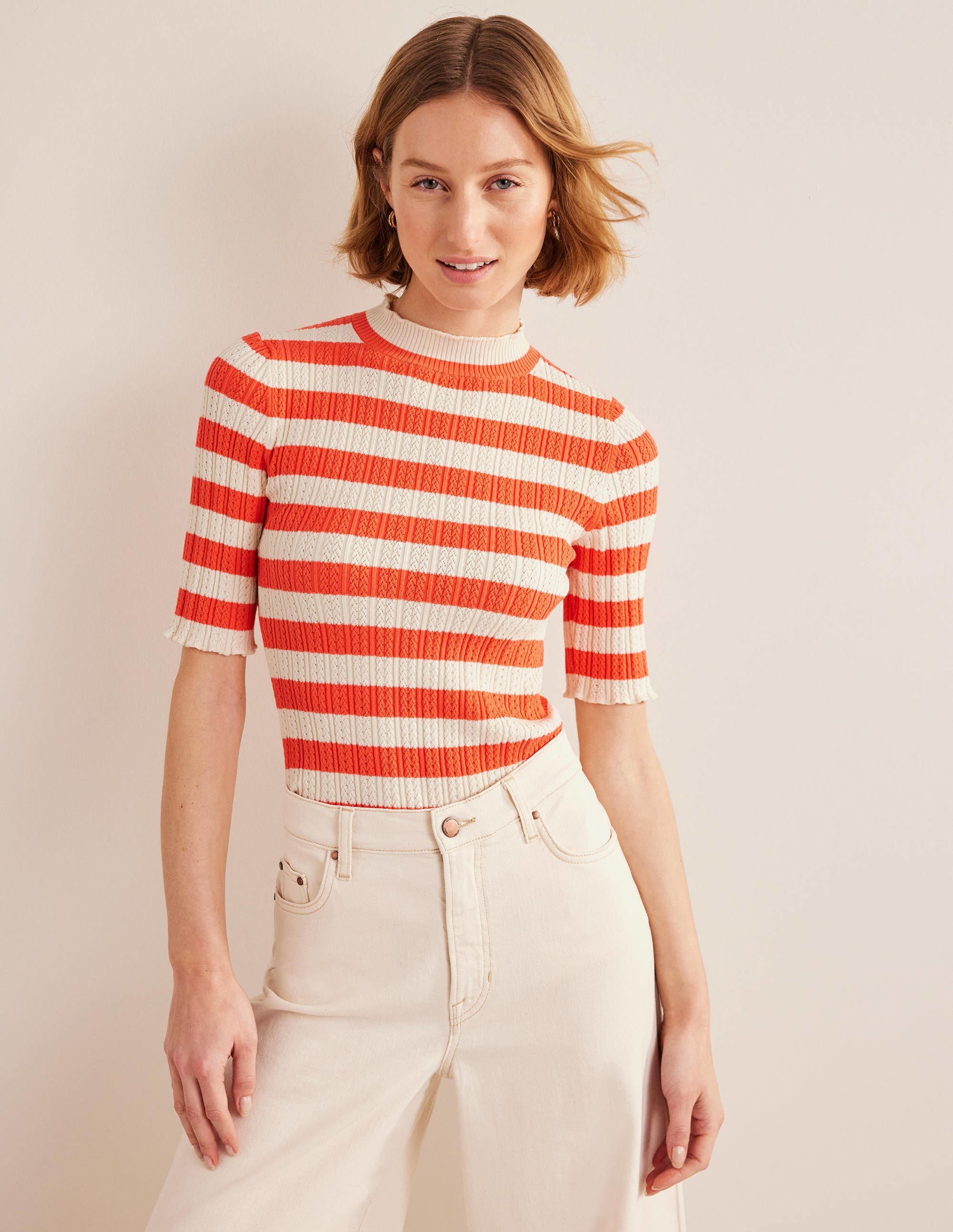Ribbed Pointelle High Neck Top-Bright Watermelon Stripe - Image 4