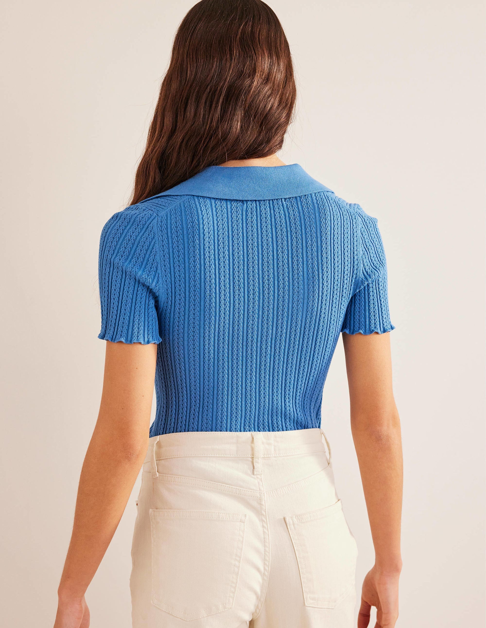 Ribbed Pointelle Collared Top-Porcelain Blue - Image 3