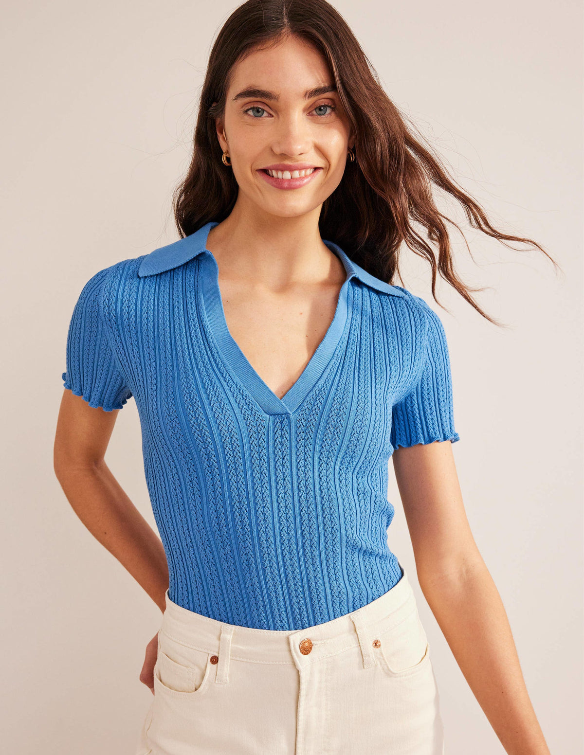 Ribbed Pointelle Collared Top-Porcelain Blue - Image 4