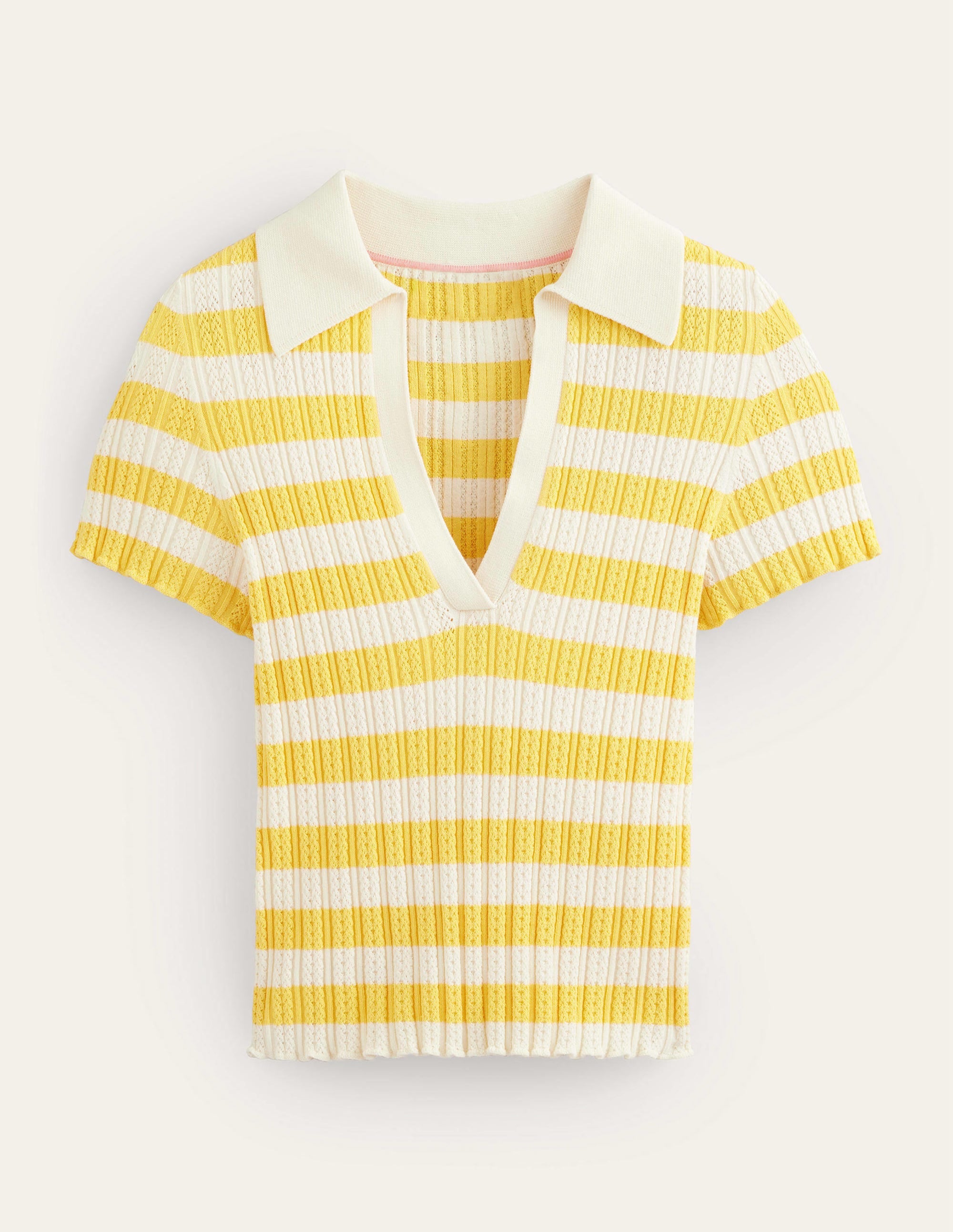 Ribbed Pointelle Collared Top-Sweet Honeycomb, Ivory Stripe - Image 5