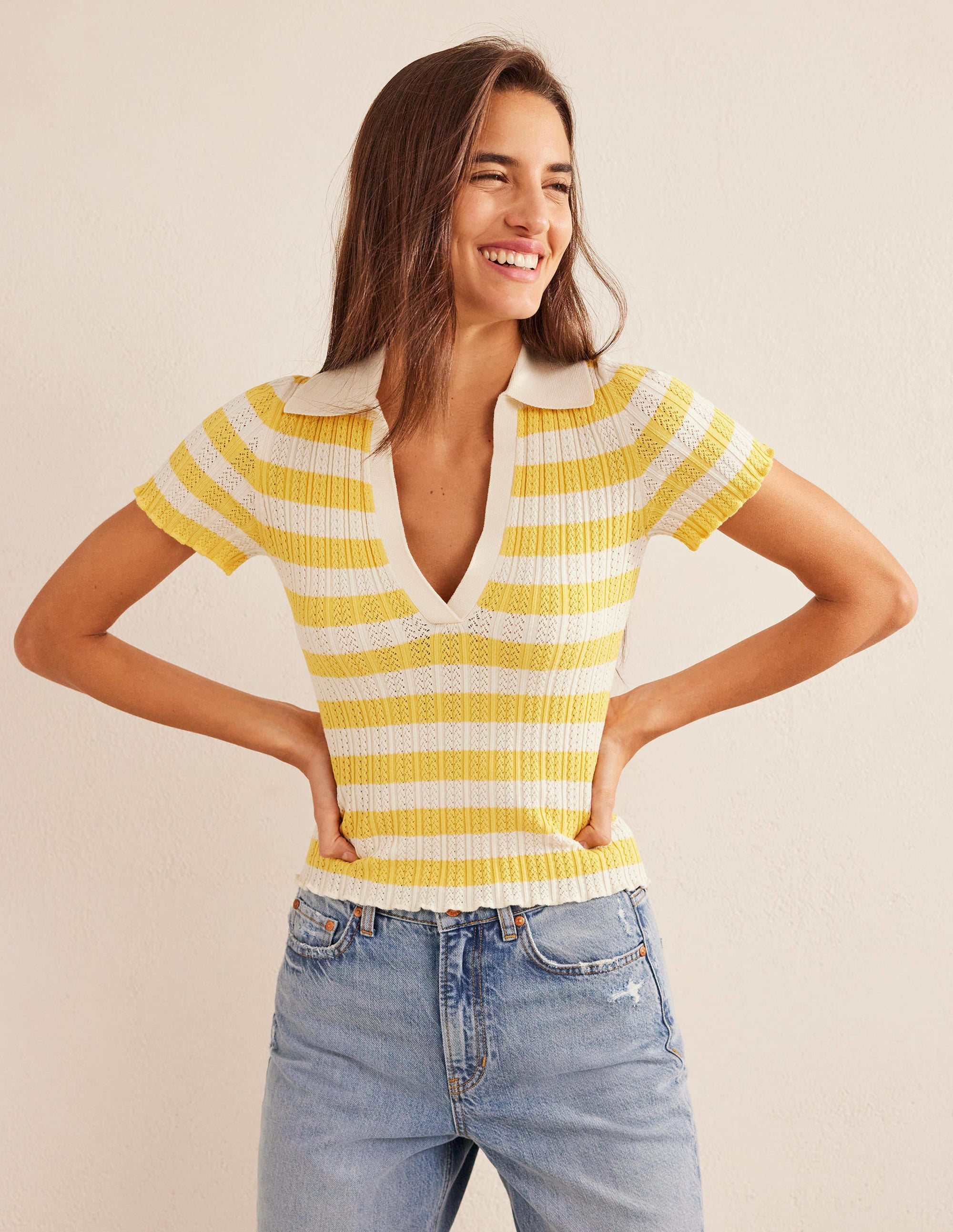 Ribbed Pointelle Collared Top-Sweet Honeycomb, Ivory Stripe - Image 1