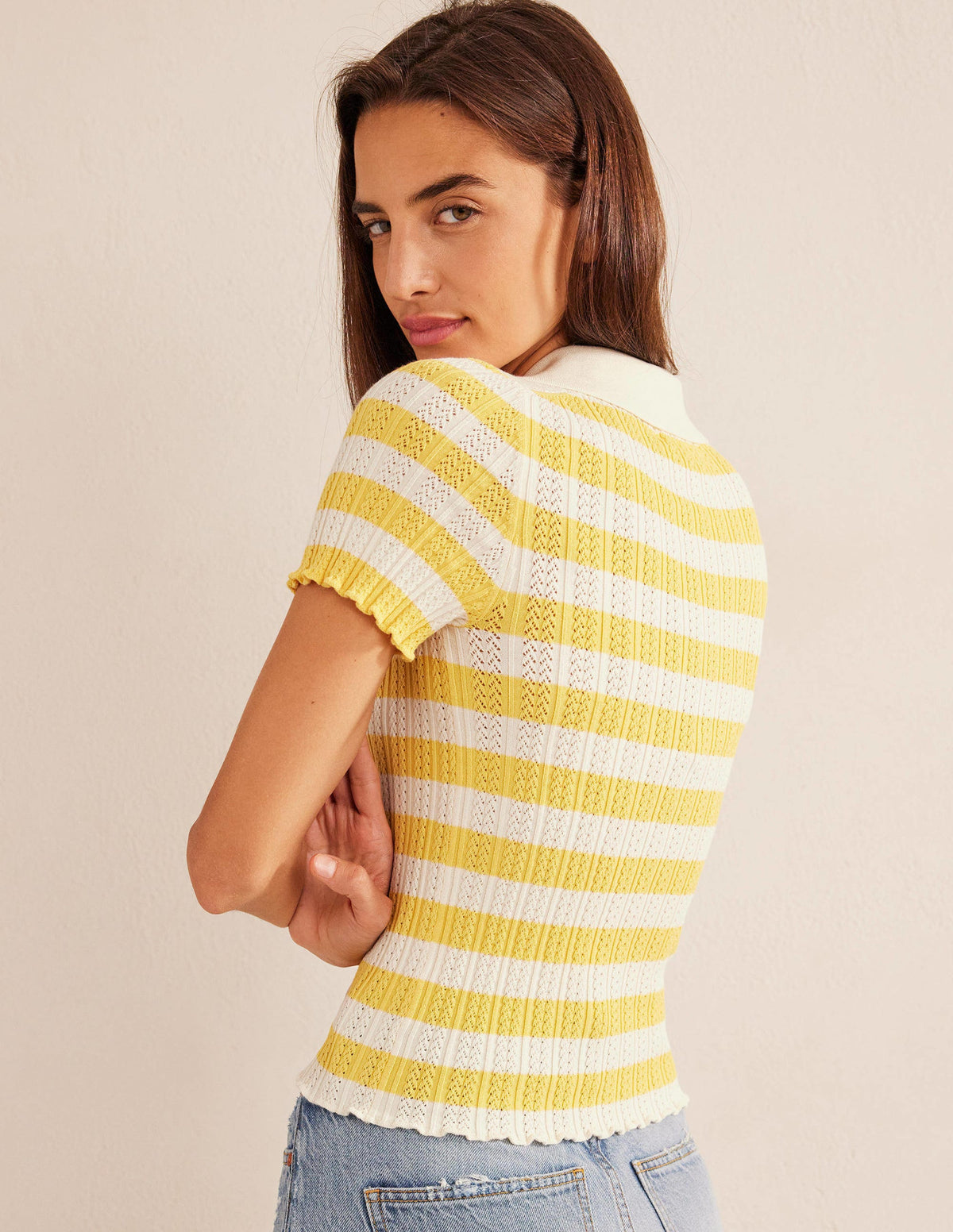 Ribbed Pointelle Collared Top-Sweet Honeycomb, Ivory Stripe-3