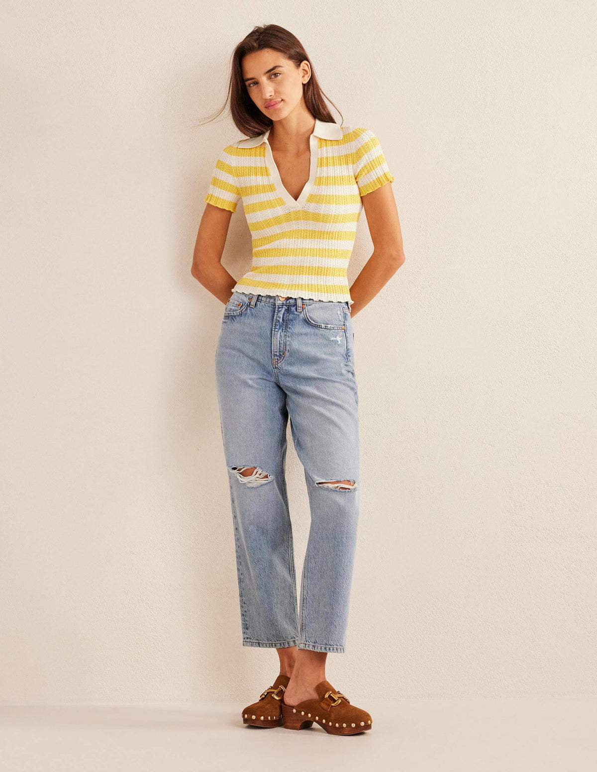 Ribbed Pointelle Collared Top-Sweet Honeycomb, Ivory Stripe-4