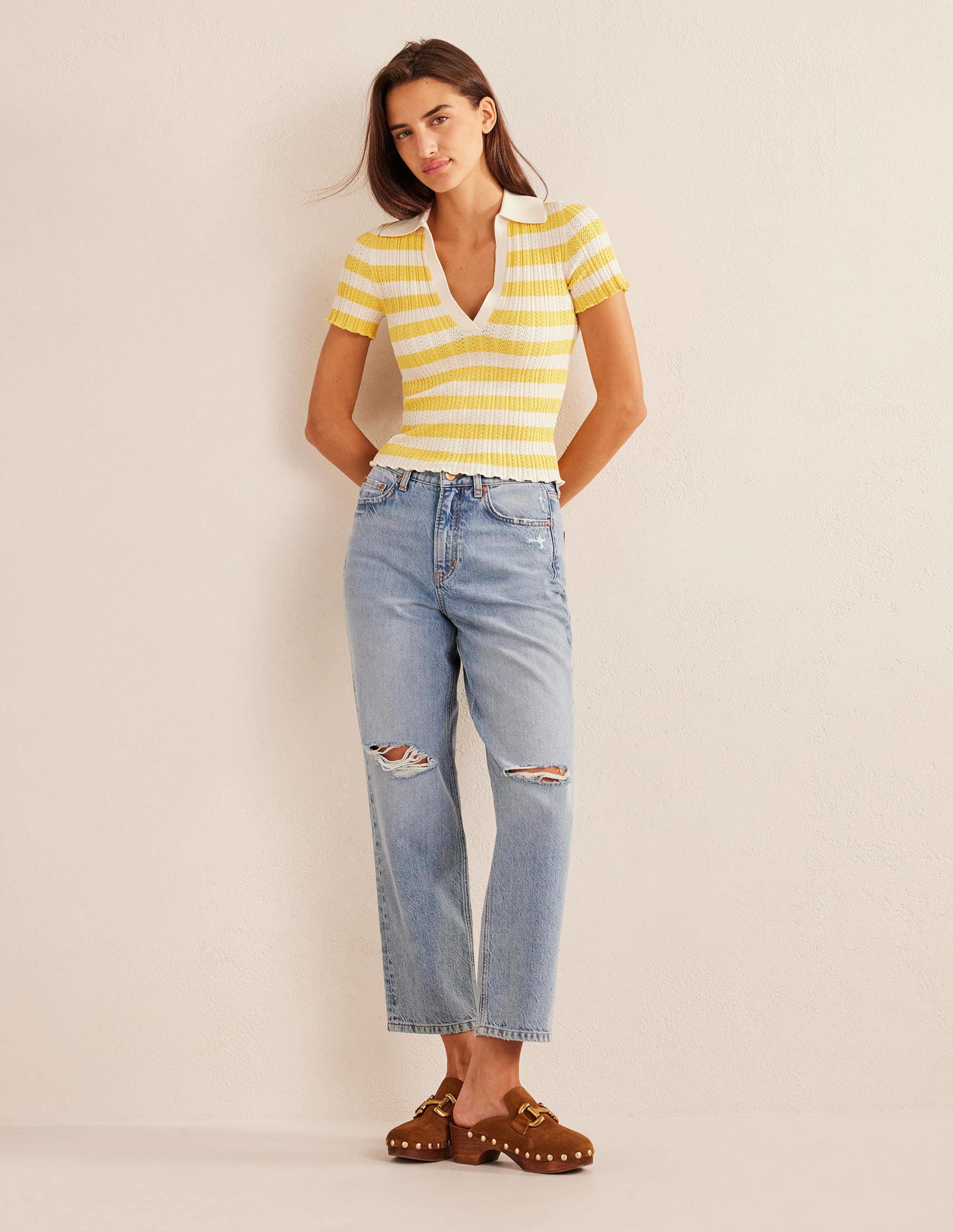 Ribbed Pointelle Collared Top-Sweet Honeycomb, Ivory Stripe - Image 4