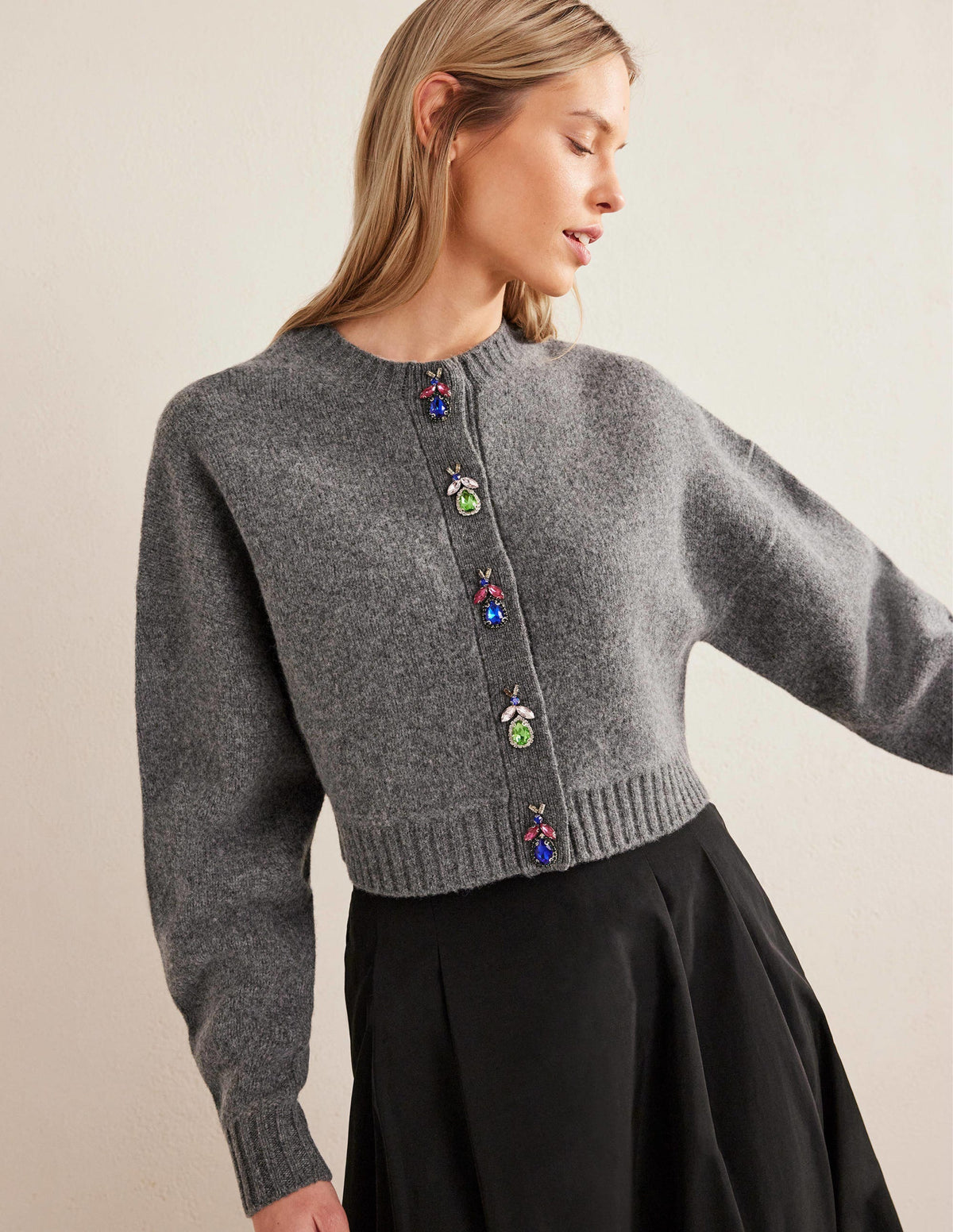 Embellished Bug Cardigan-Dark Grey Melange-1