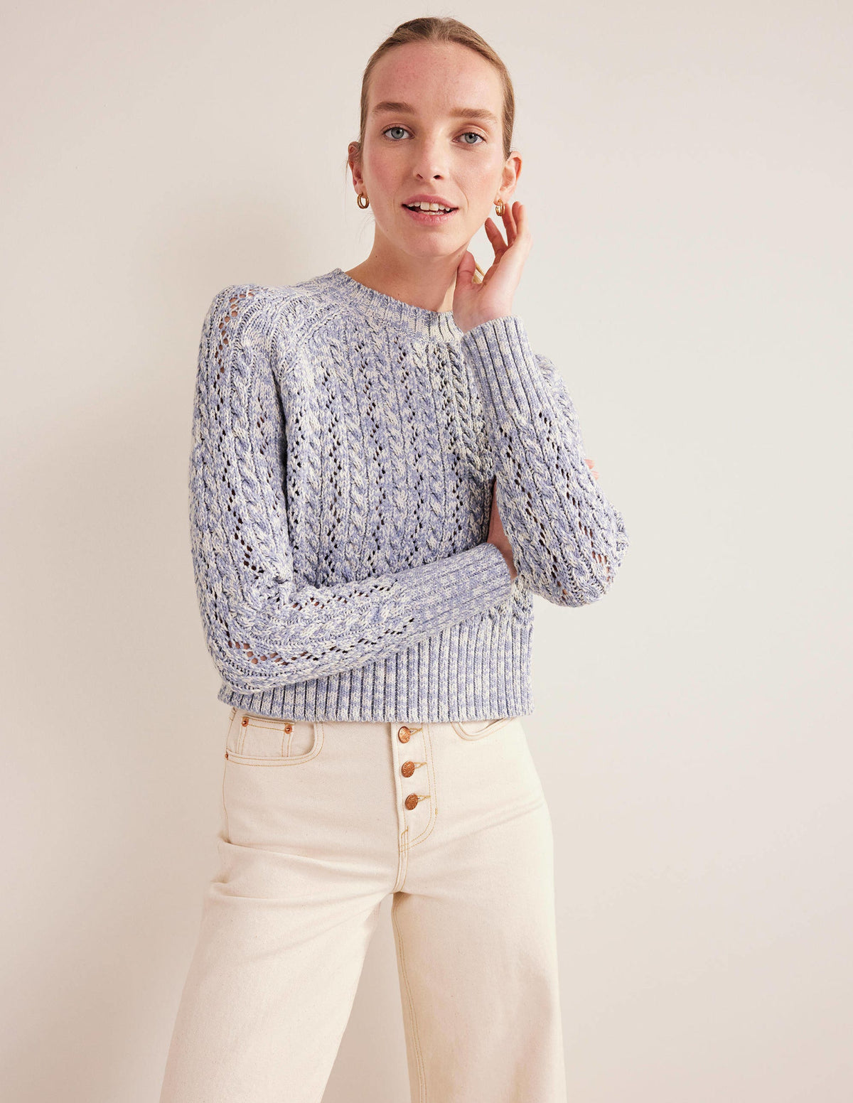 Marled Cable Sweater-Blue Blizzard, Ivory Marl - Image 1