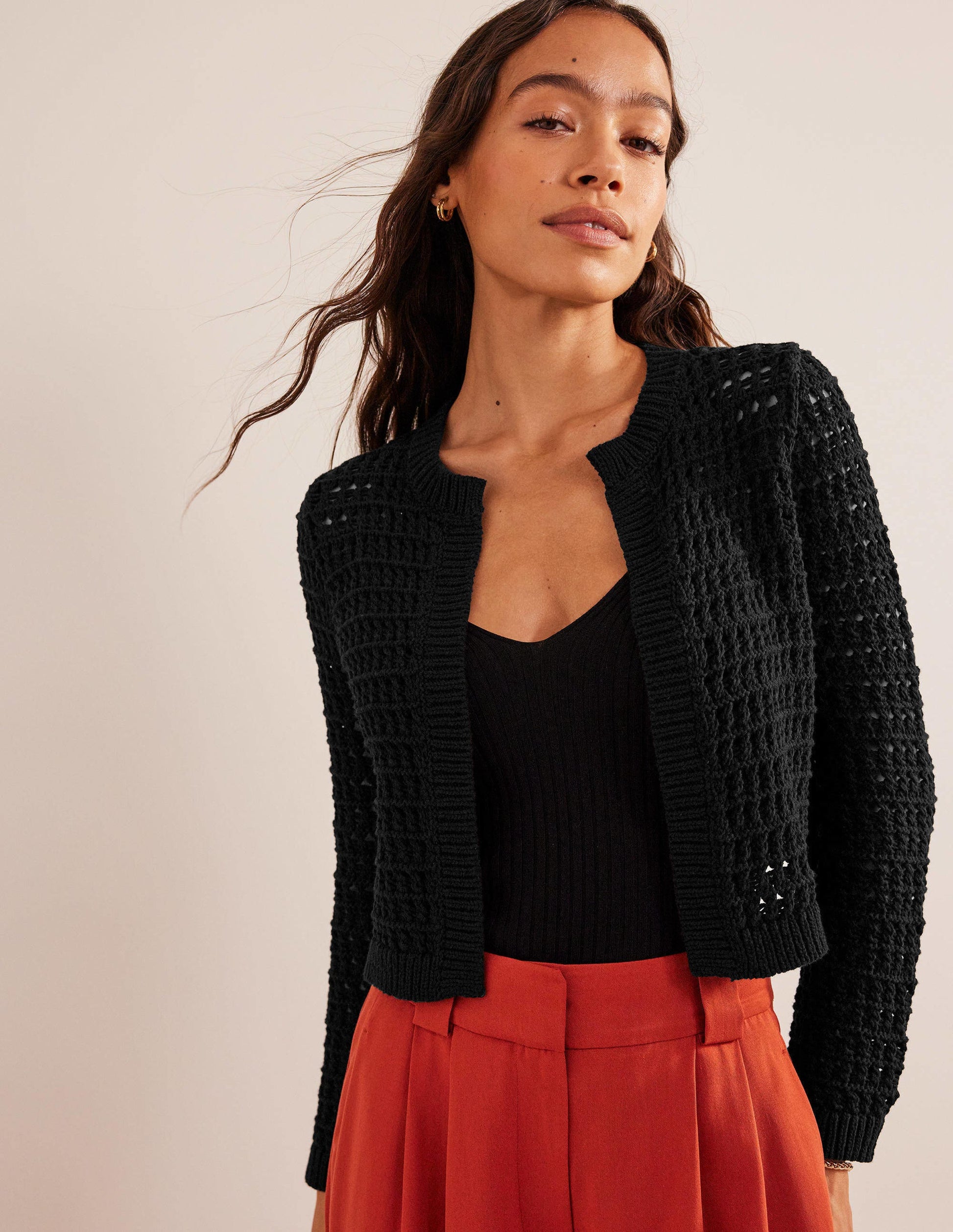 Cropped Crochet Cardigan-Black-1