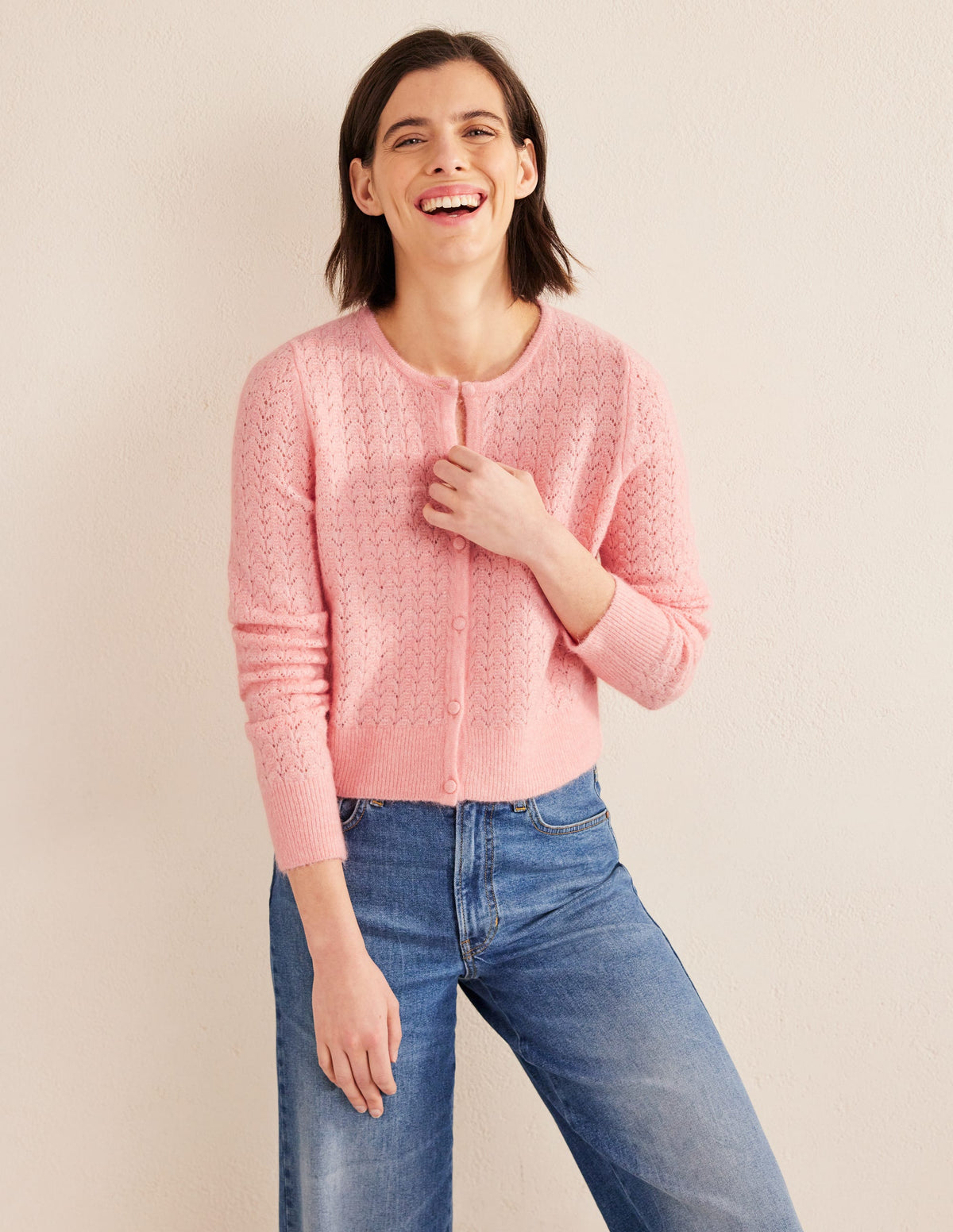 Pointelle Long-Sleeve Cardigan-Dahlia Pink-1