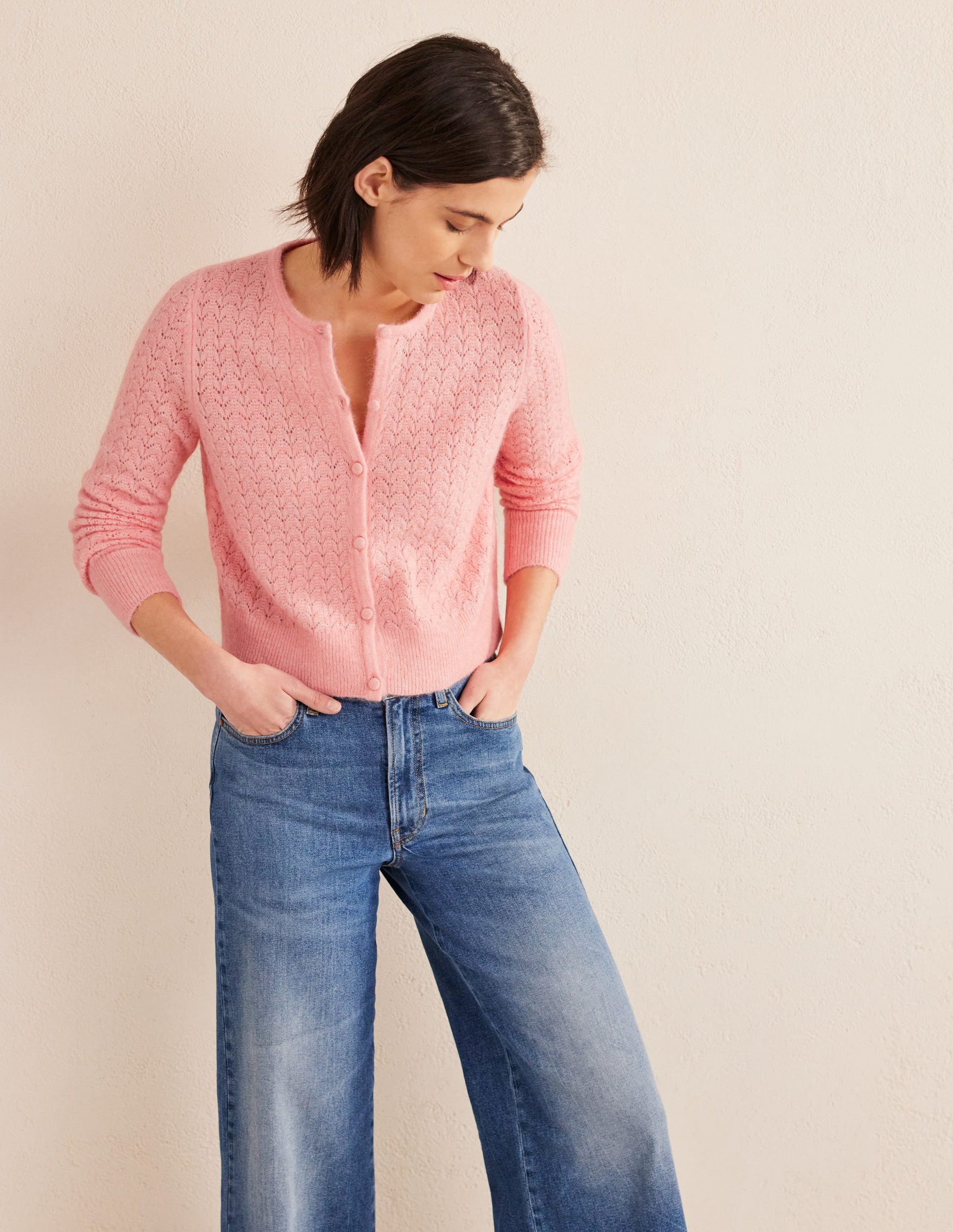 Pointelle Long-Sleeve Cardigan-Dahlia Pink-5