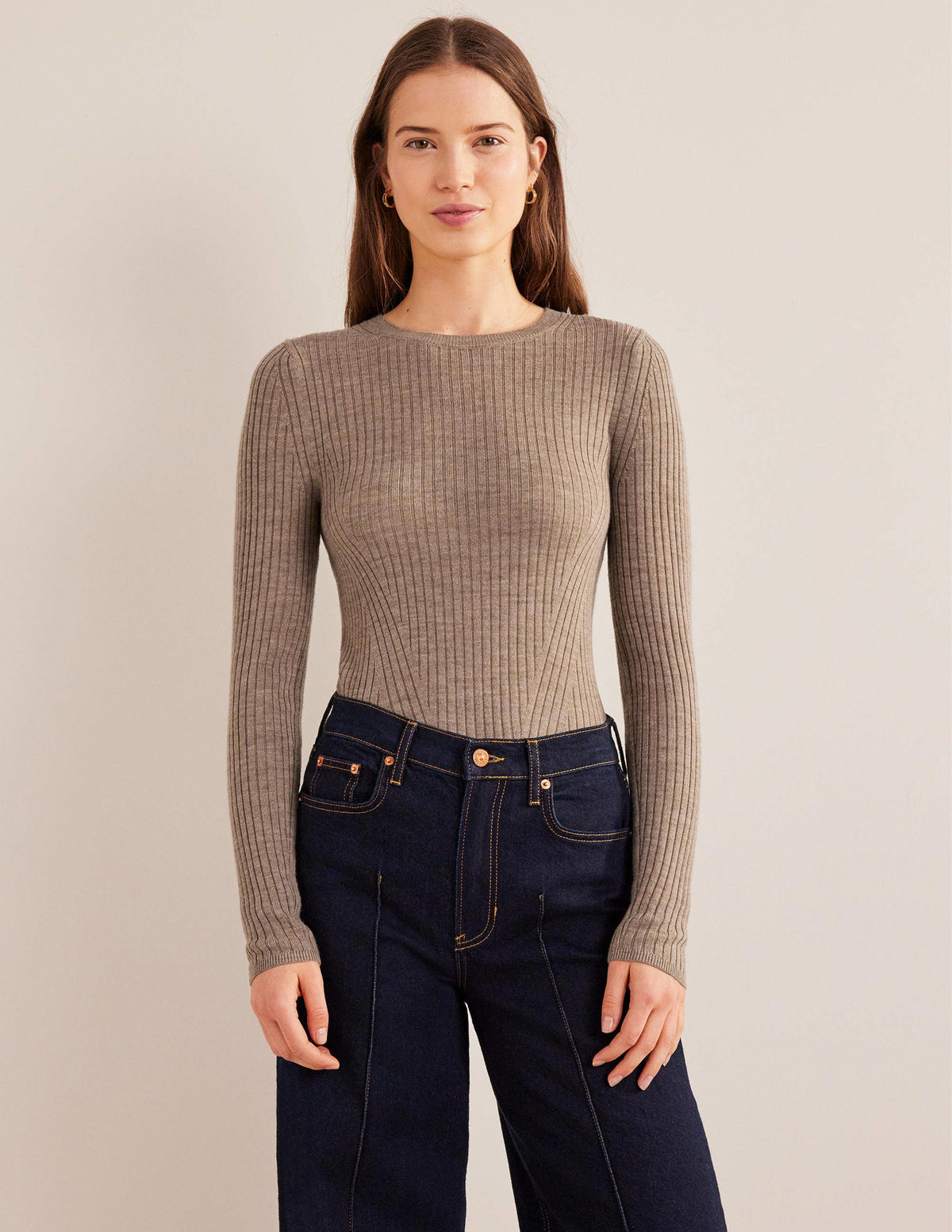 Ribbed Merino Jumper-Dark Mink Melange - Image 1