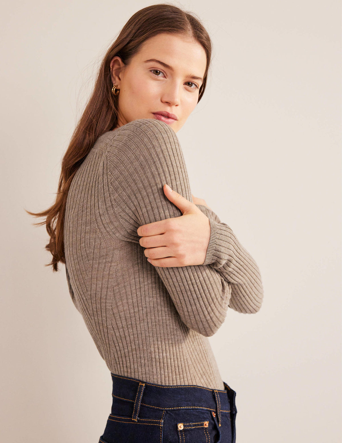 Ribbed Merino Jumper-Dark Mink Melange-4
