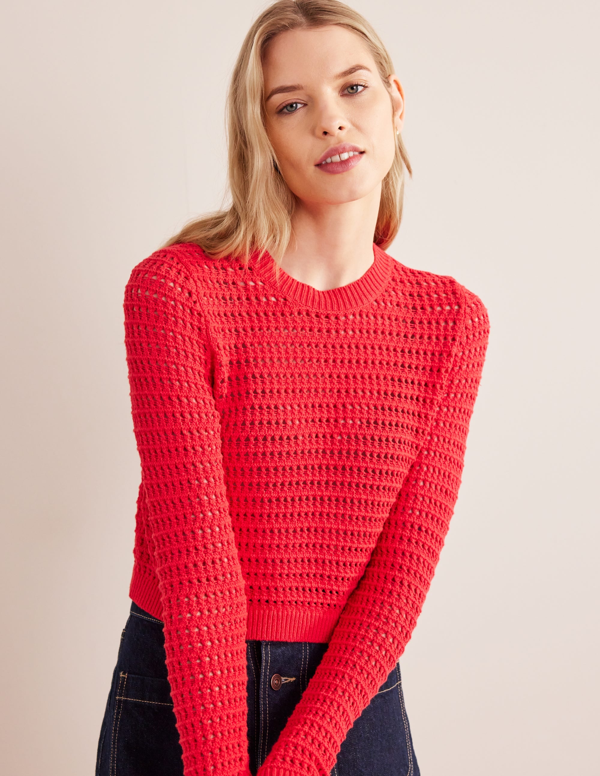 Cropped Crochet Sweater-High Risk Red - Image 1