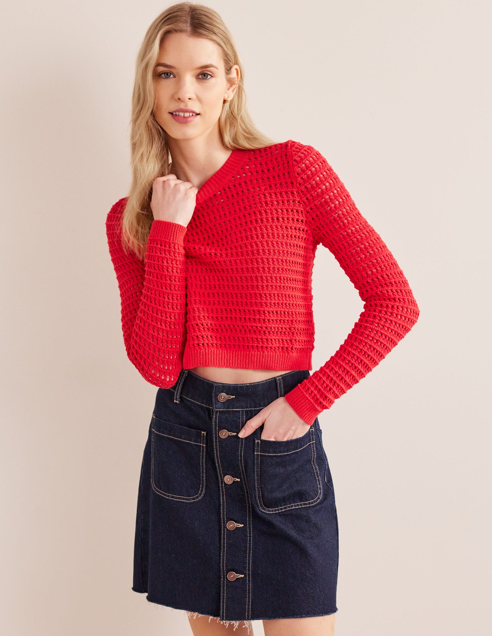 Cropped Crochet Sweater-High Risk Red-4