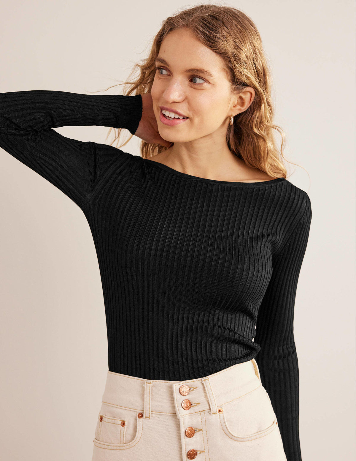 Ribbed Slash Neck Sweater-Black-1