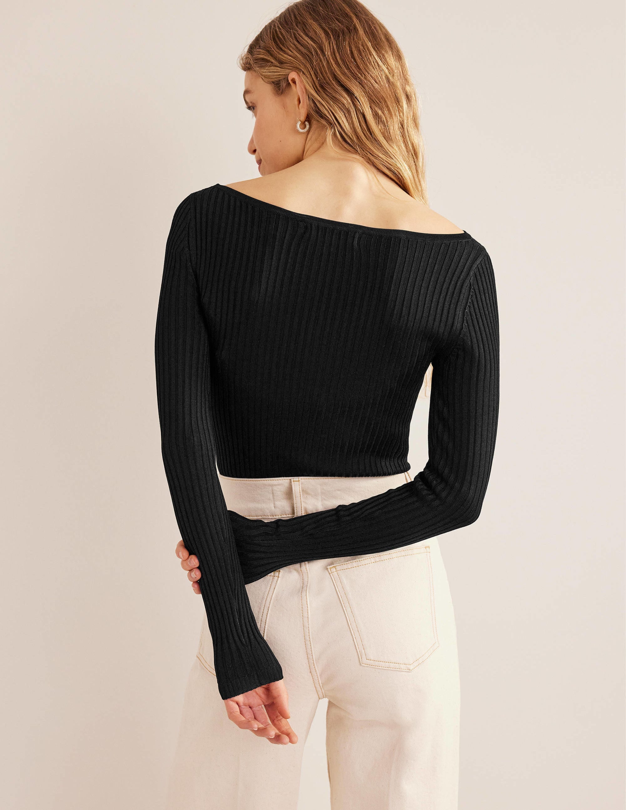 Ribbed Slash Neck Sweater-Black - Image 3