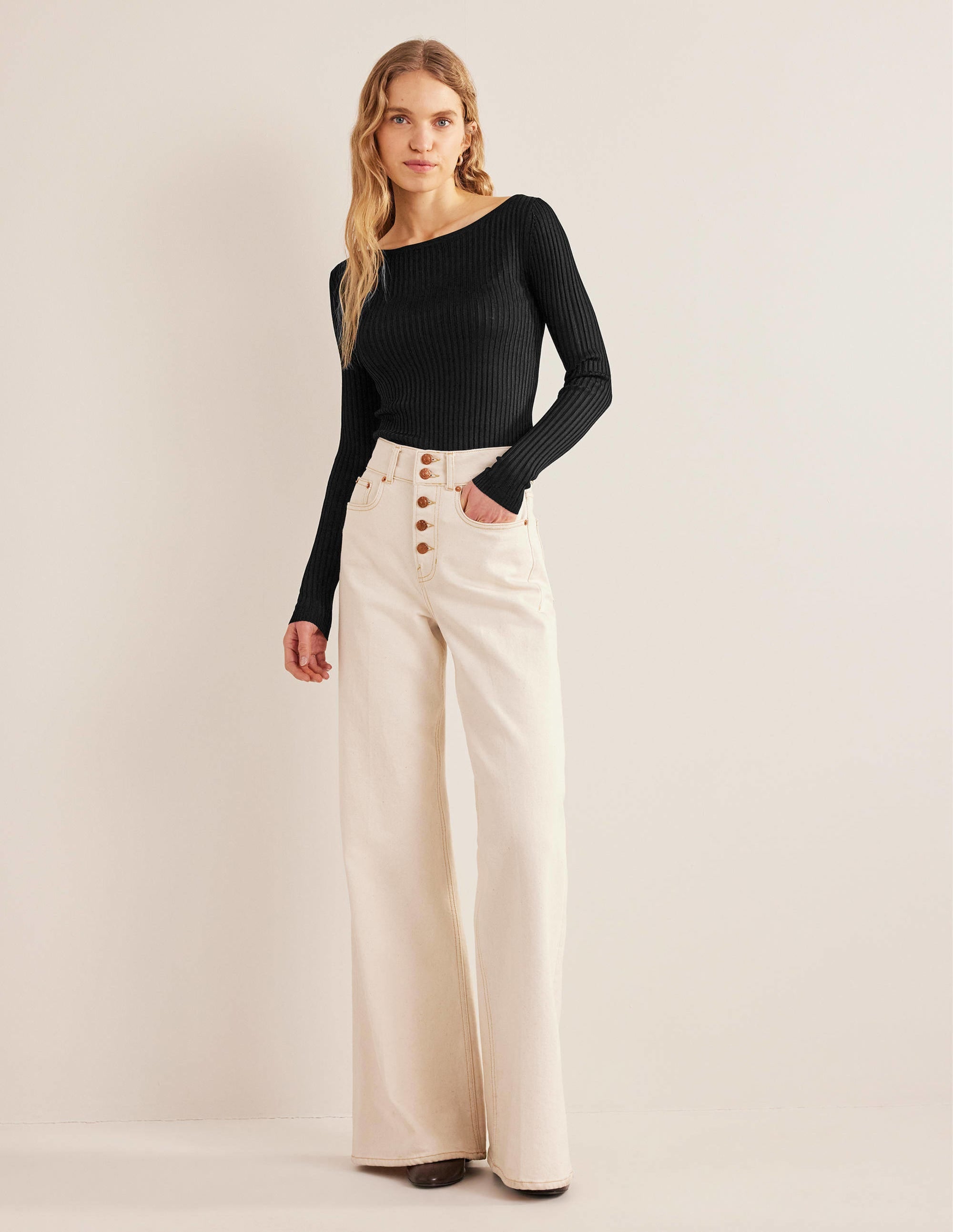 Ribbed Slash Neck Sweater-Black - Image 4