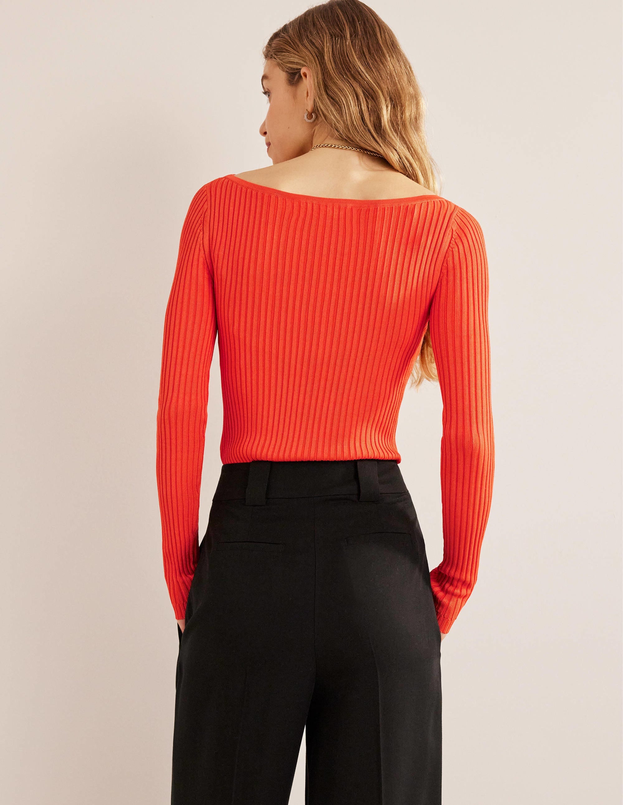 Ribbed Slash Neck Sweater-Vermillion Red - Image 3