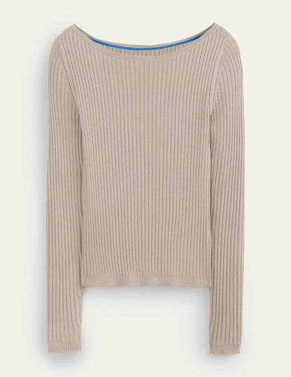 Ribbed Slash Neck Sweater-Stone-5
