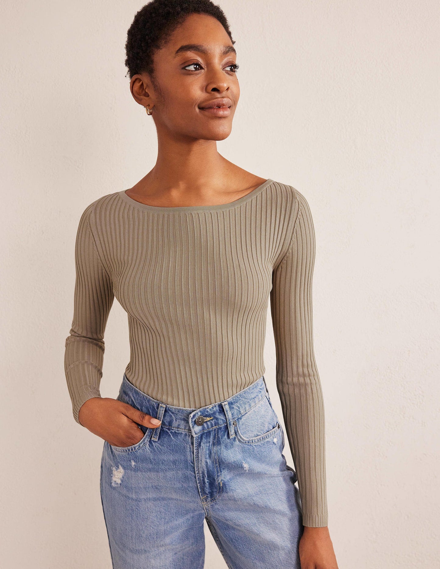 Ribbed Slash Neck Sweater-Stone